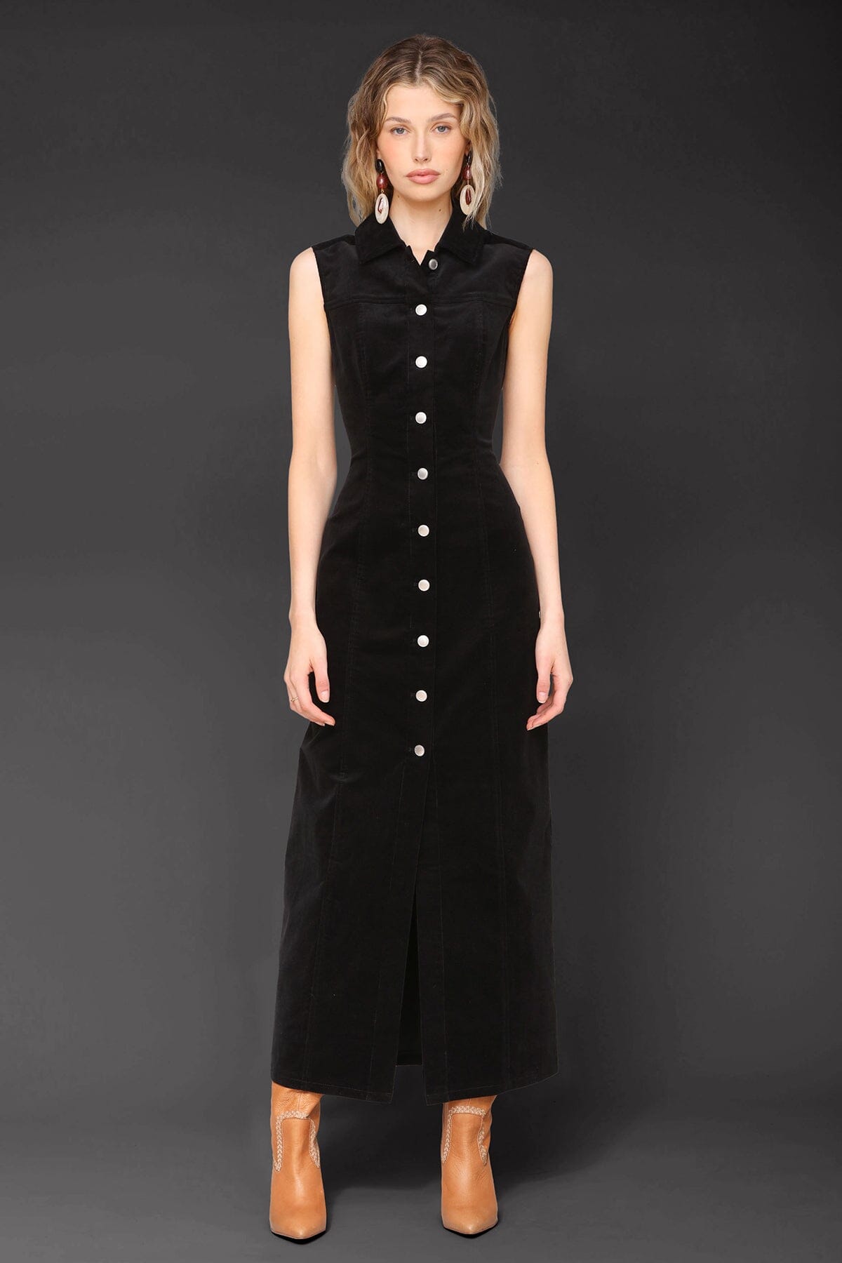 Black sleeveless maxi corduroy dress made from cotton with button front and shirt collar neckline - Cute women's maxi dresses by Avec Les Filles