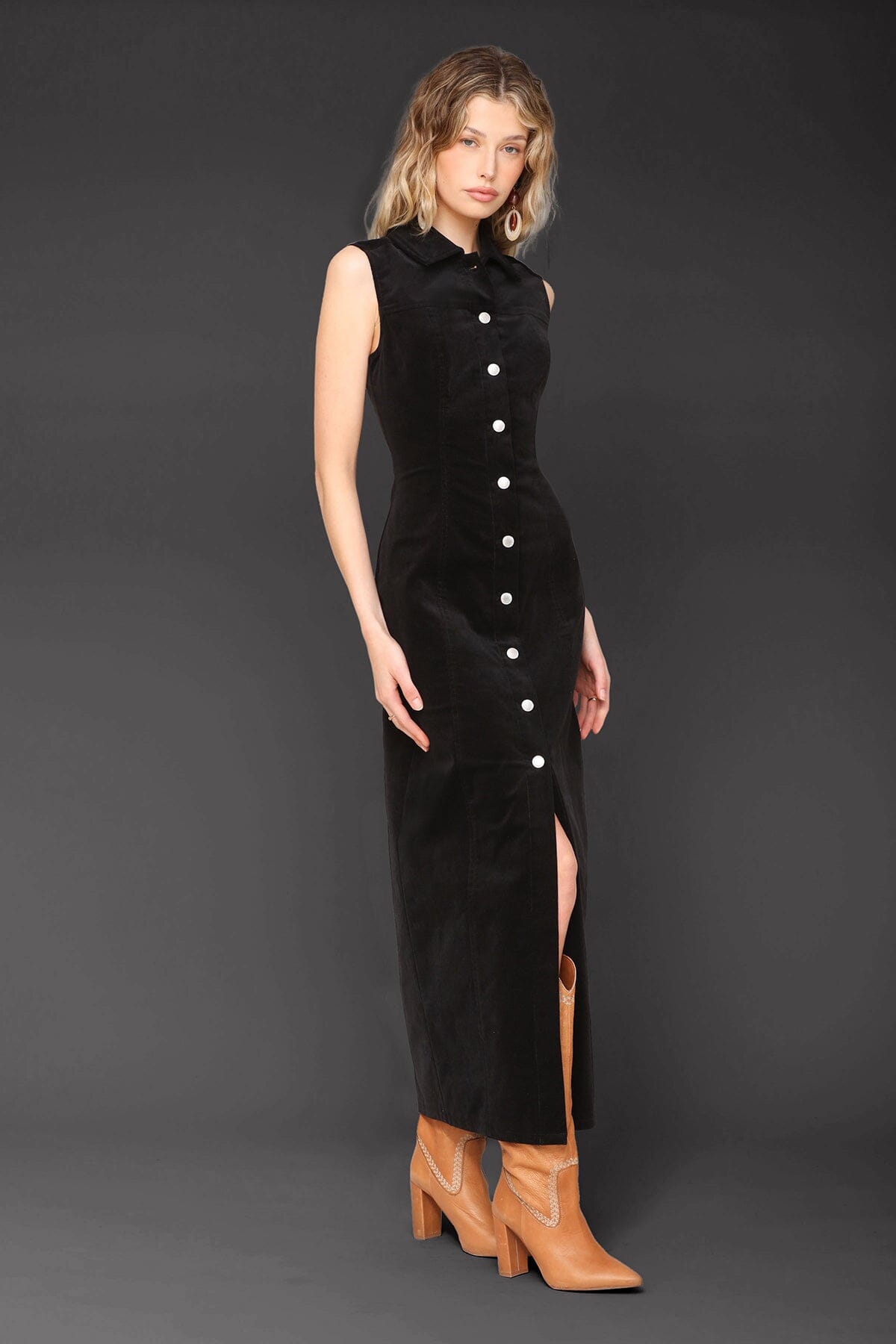 Black sleeveless maxi corduroy dress made from cotton with button front and shirt collar neckline - Cute women's maxi dresses by Avec Les Filles