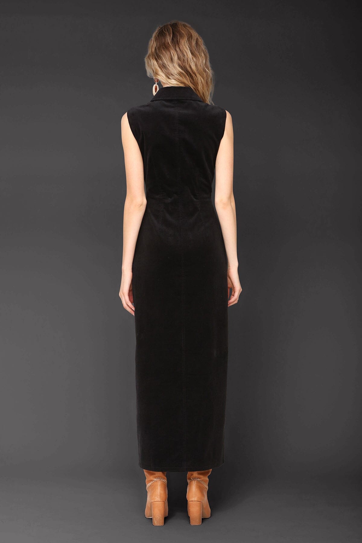 Black sleeveless maxi corduroy dress made from cotton with button front and shirt collar neckline - Cute women's maxi dresses by Avec Les Filles