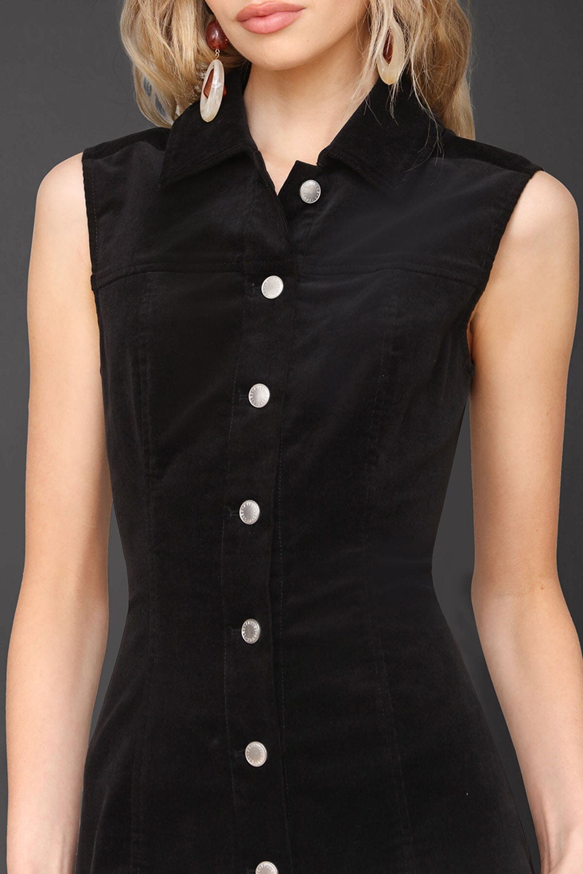 Black sleeveless maxi corduroy dress made from cotton with button front and shirt collar neckline - Cute women's maxi dresses by Avec Les Filles
