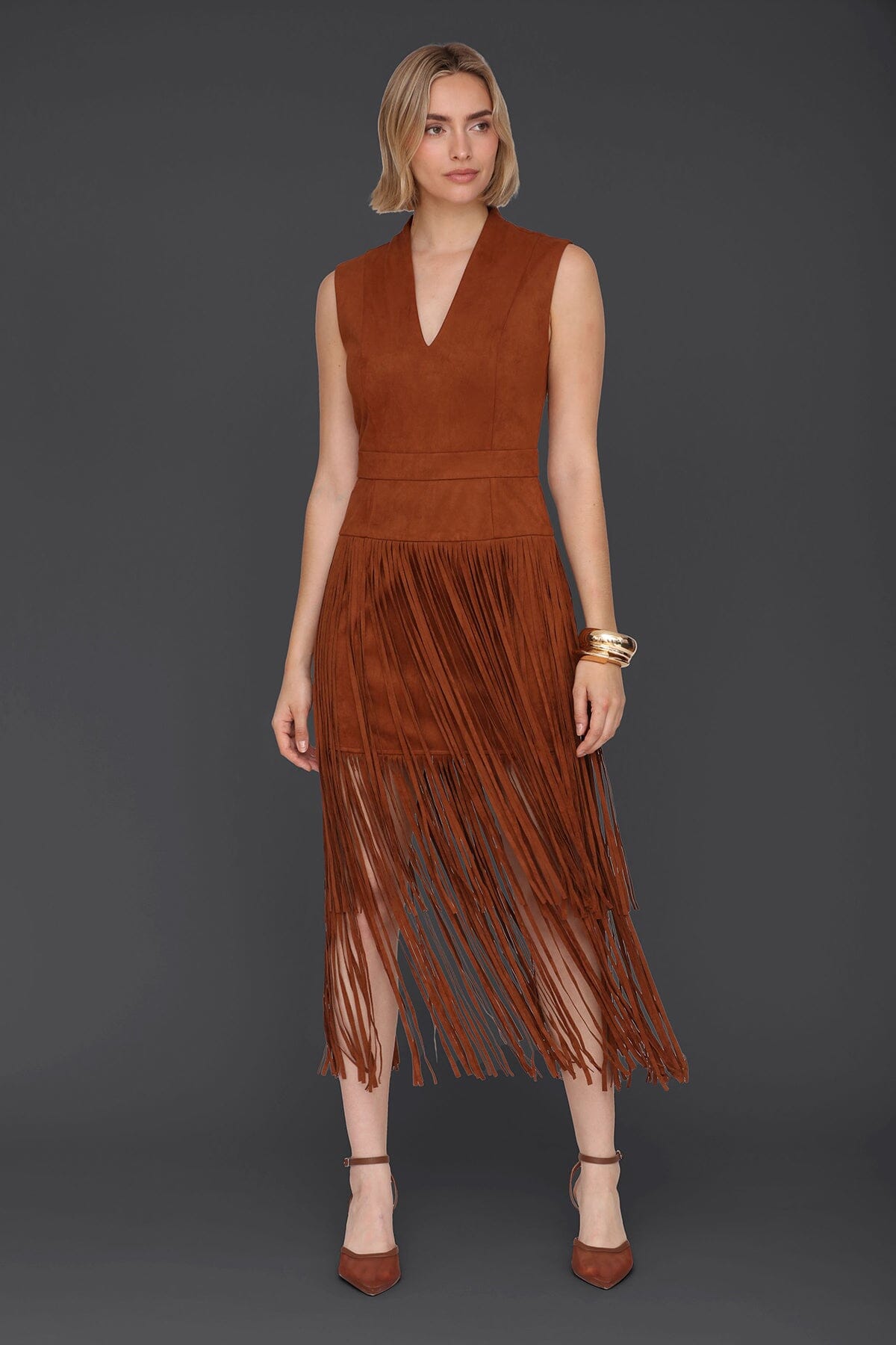 Brown faux suede tiered fringe midi dress with sleeveless and V-neck - Women’s figure flattering day to night dresses by Avec Les Filles
