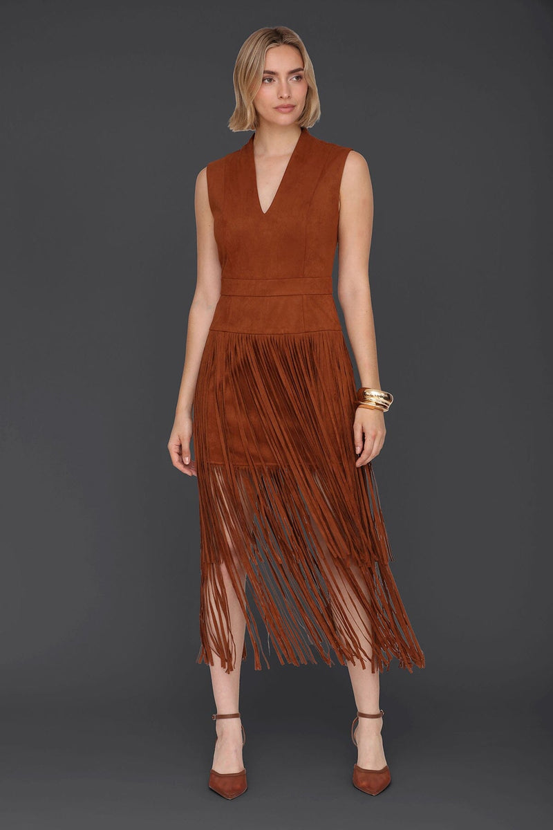 Vintage And Elegant Lapel Sleeveless Faux Suede Midi Dress