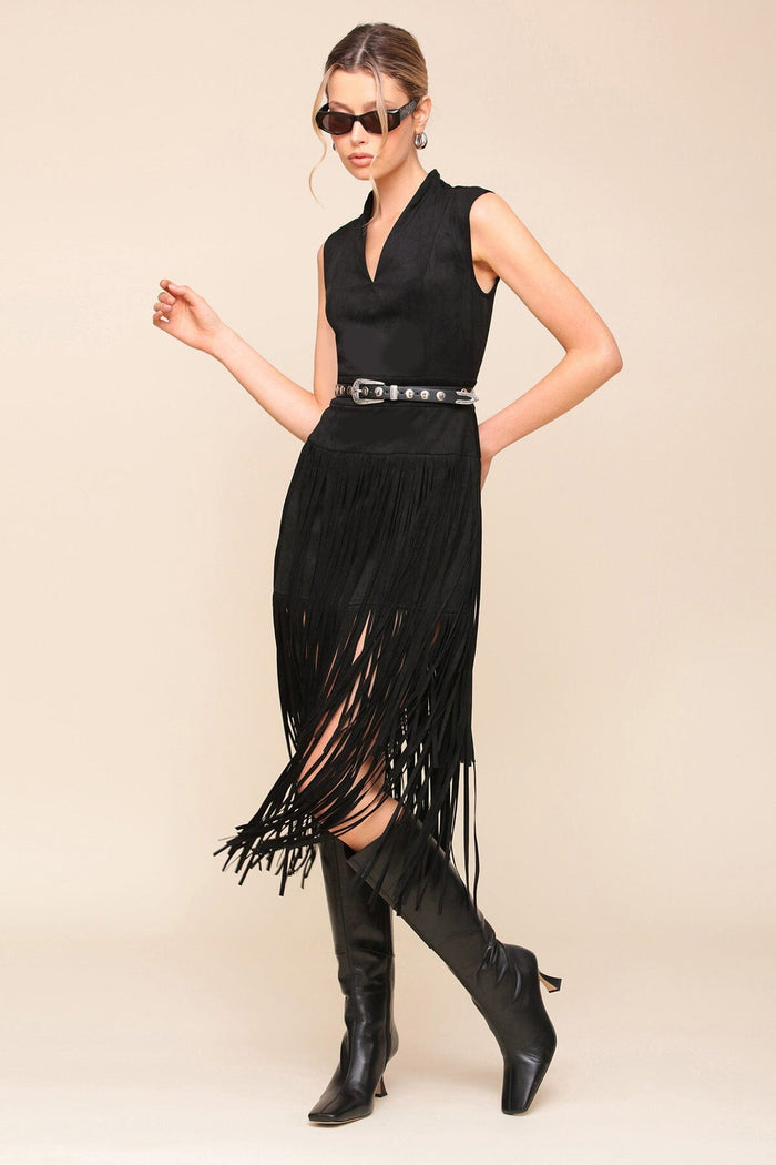 Double Fringe Suede Dress - Black