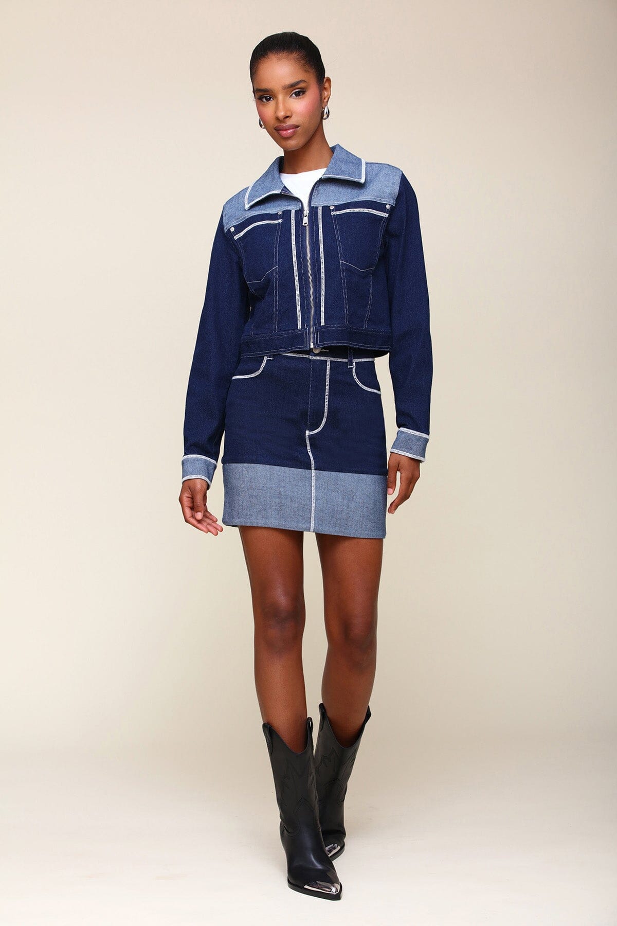 Two-Tone Dark Wash Blue Denim Mini Skirt - Cute women's mini skirts by Avec Les Filles