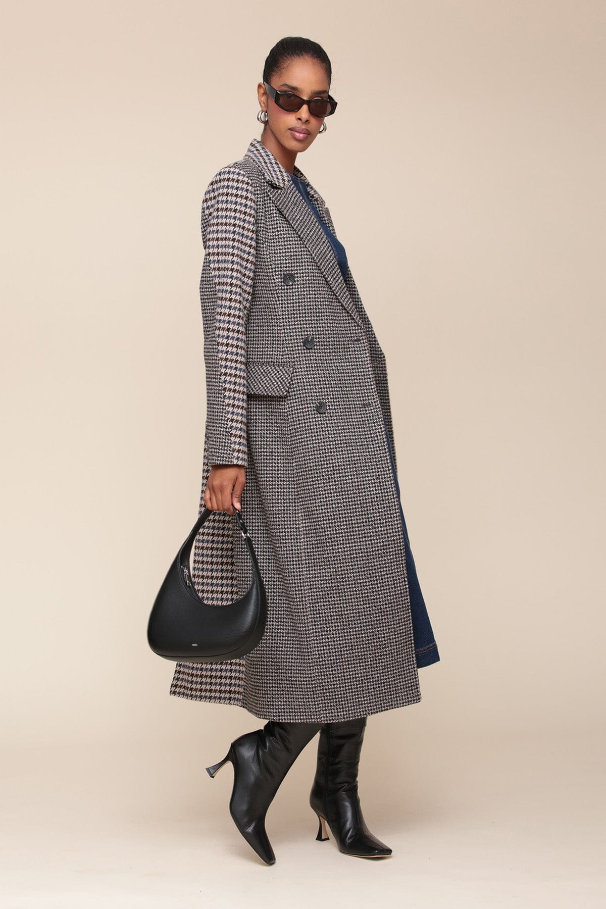 Mixed Navy Houndstooth Tailored Longline Women's Long Maxi Coat