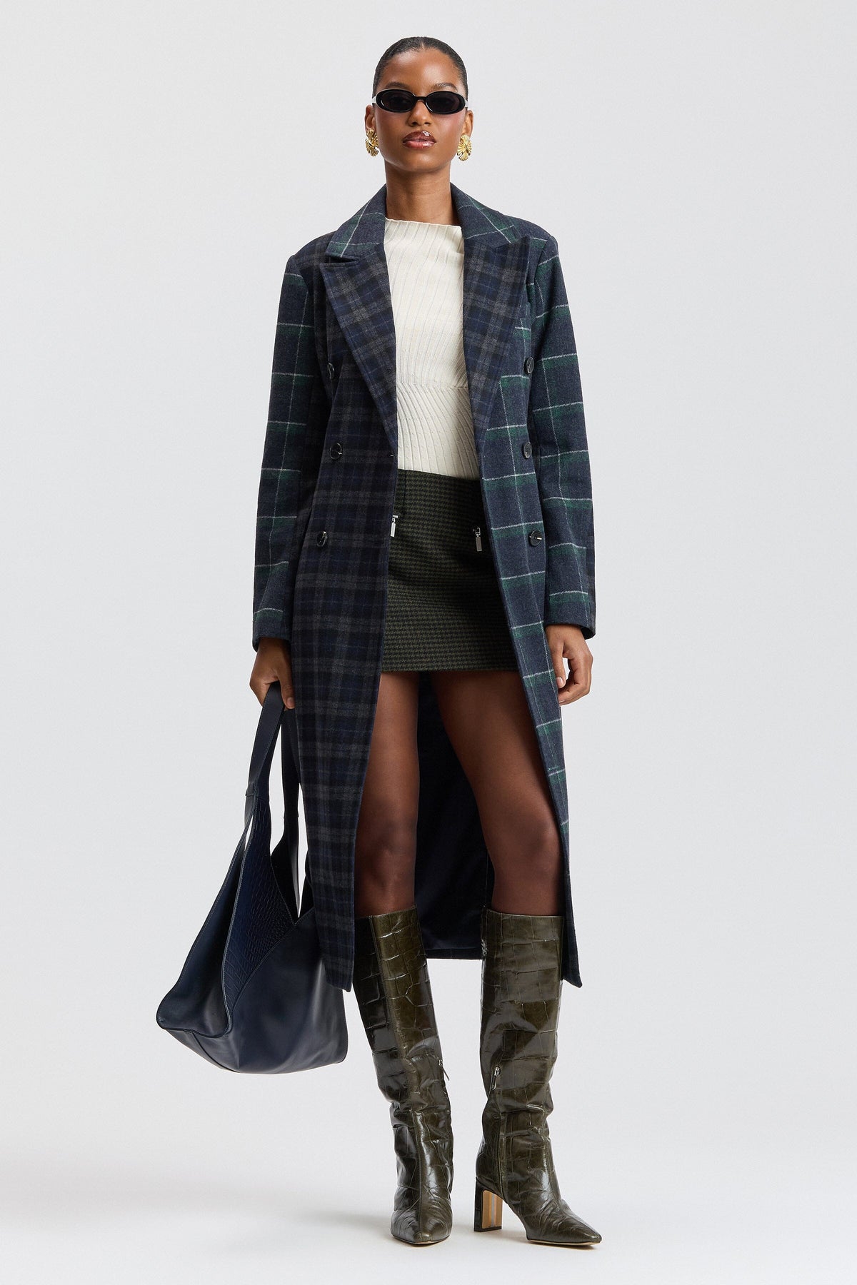 Navy-green plaid tailored long coat with a double-breasted front - Shop designer long coats by Avec Les Filles.