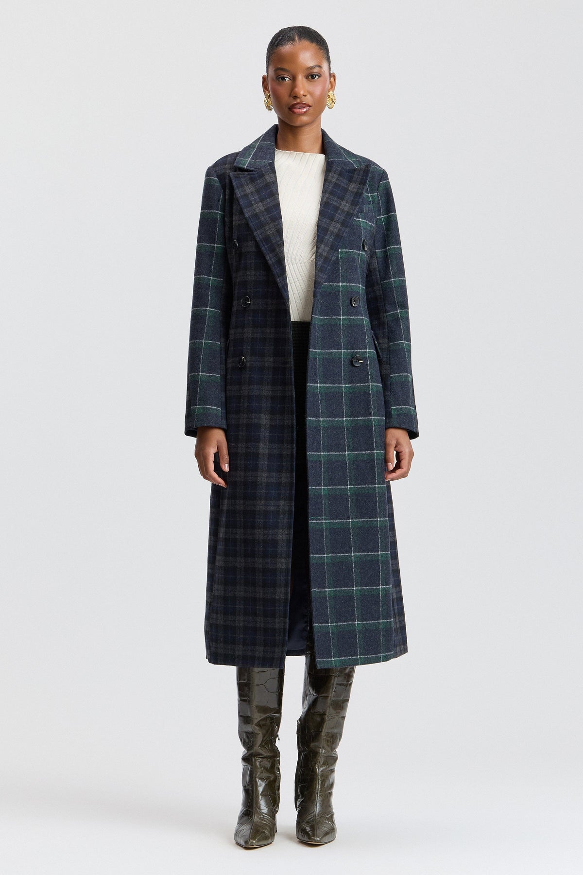 Navy-green plaid long coat with double-breasted front - Shop designer women's long coats by Avec Les Filles.