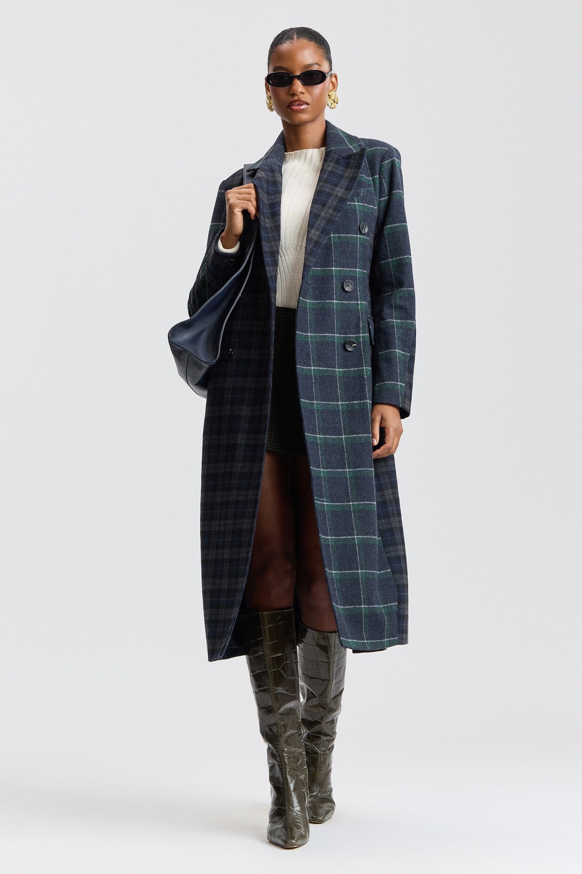 Mixed navy-green plaid coat with double-breasted front - Shop designer women's long coats by Avec Les Filles.