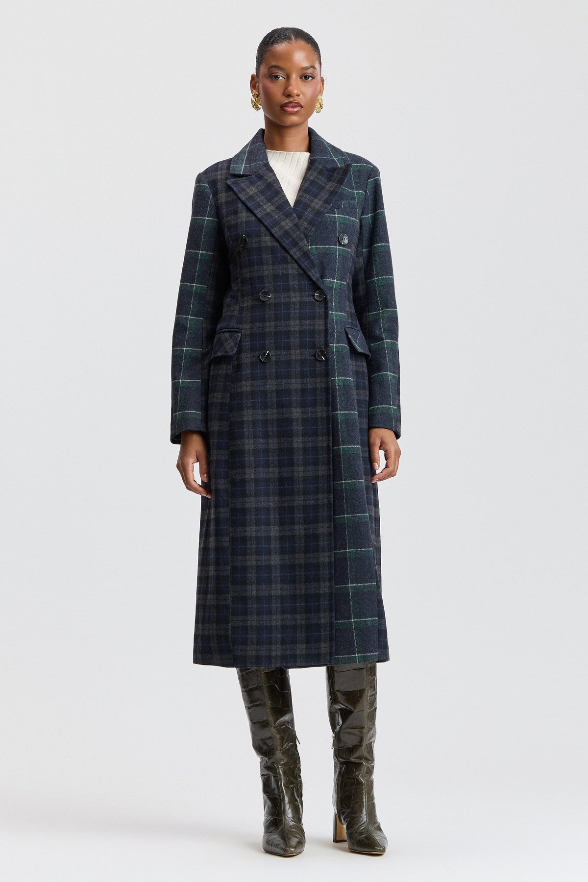 Navy-green plaid coat womens with double-breasted front and flap pockets - Shop long coats by Avec Les Filles.