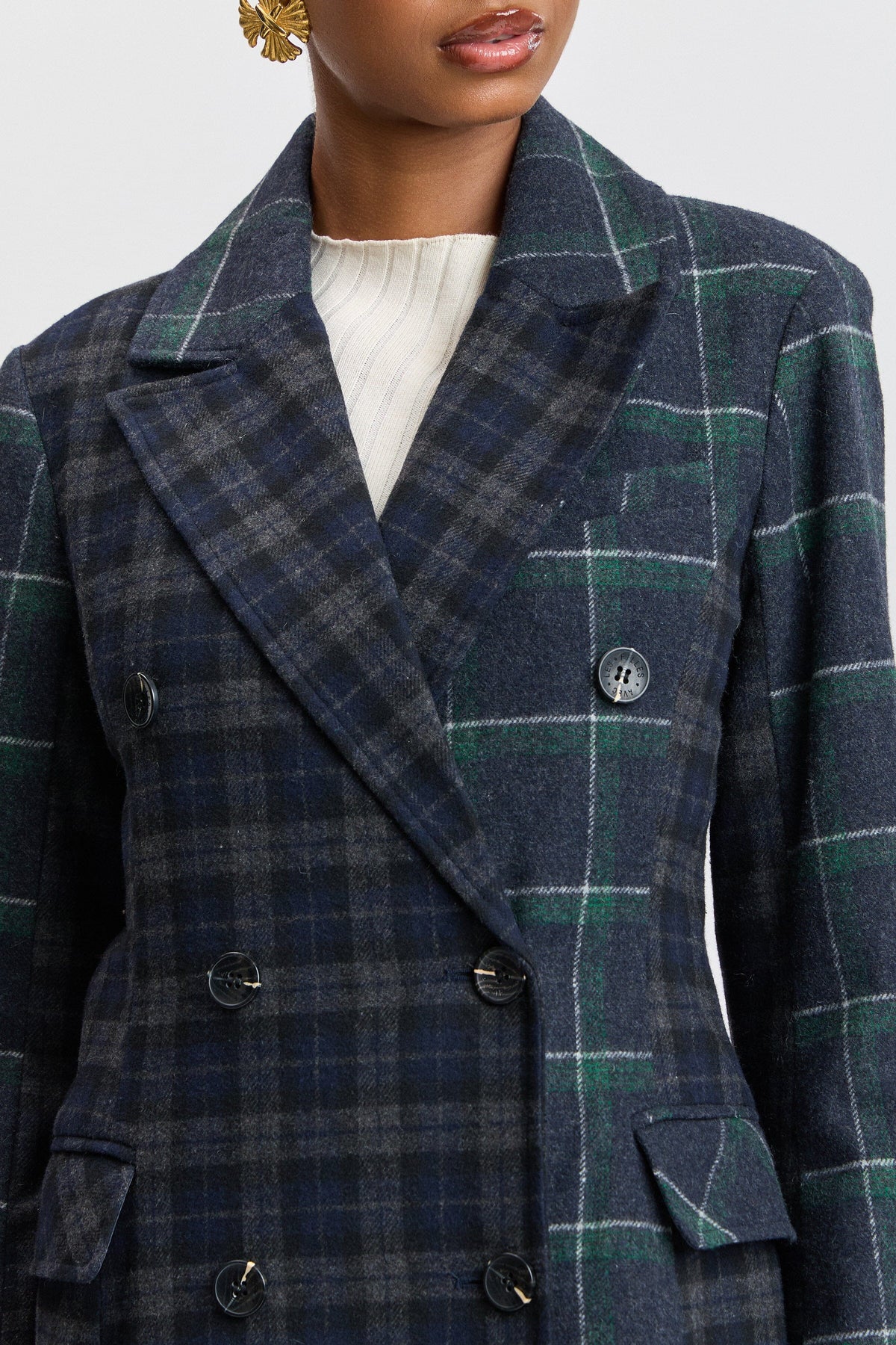 Navy-green plaid jacket womens with a double-breasted front and flap pockets - Shop long coats by Avec Les Filles.