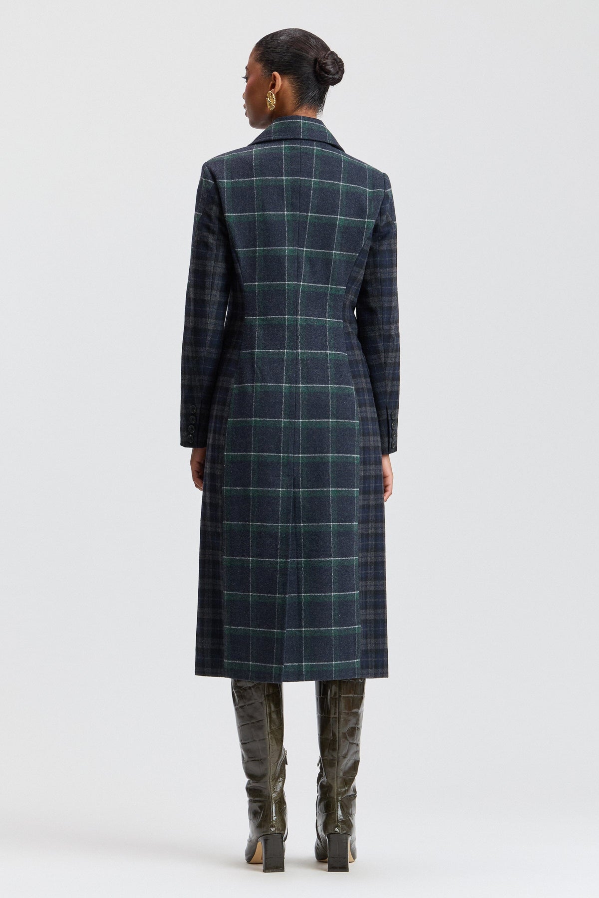 Navy-green plaid women long coat - Shop designer women's long coats by Avec Les Filles.