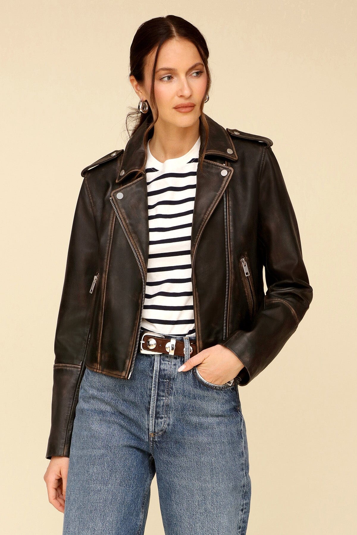 Vintage Wash Genuine Leather Crop Moto Biker Jacket