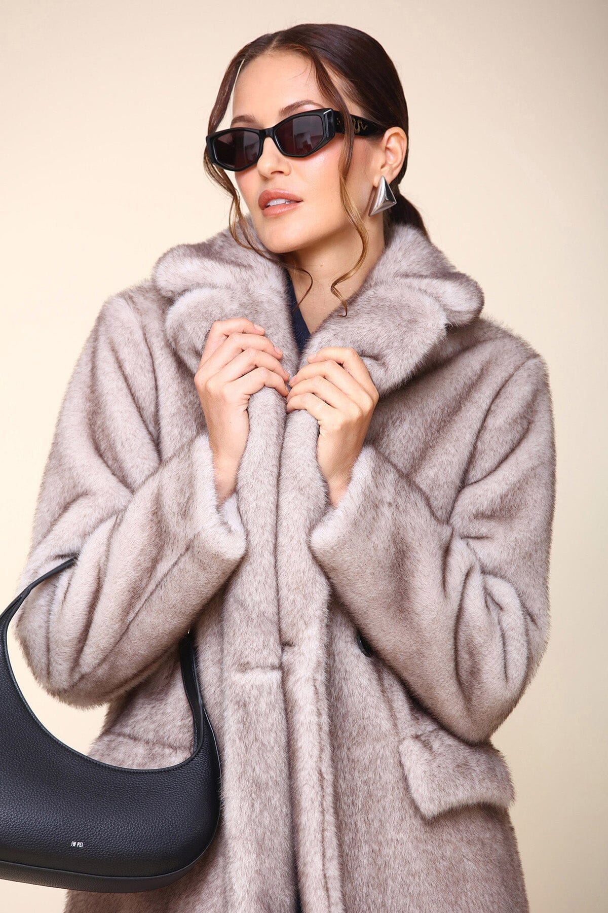 Premium Faux Fur Knee Length Double Breasted Grey Coat - Shop designer faux fur long coats by Avec Les Filles