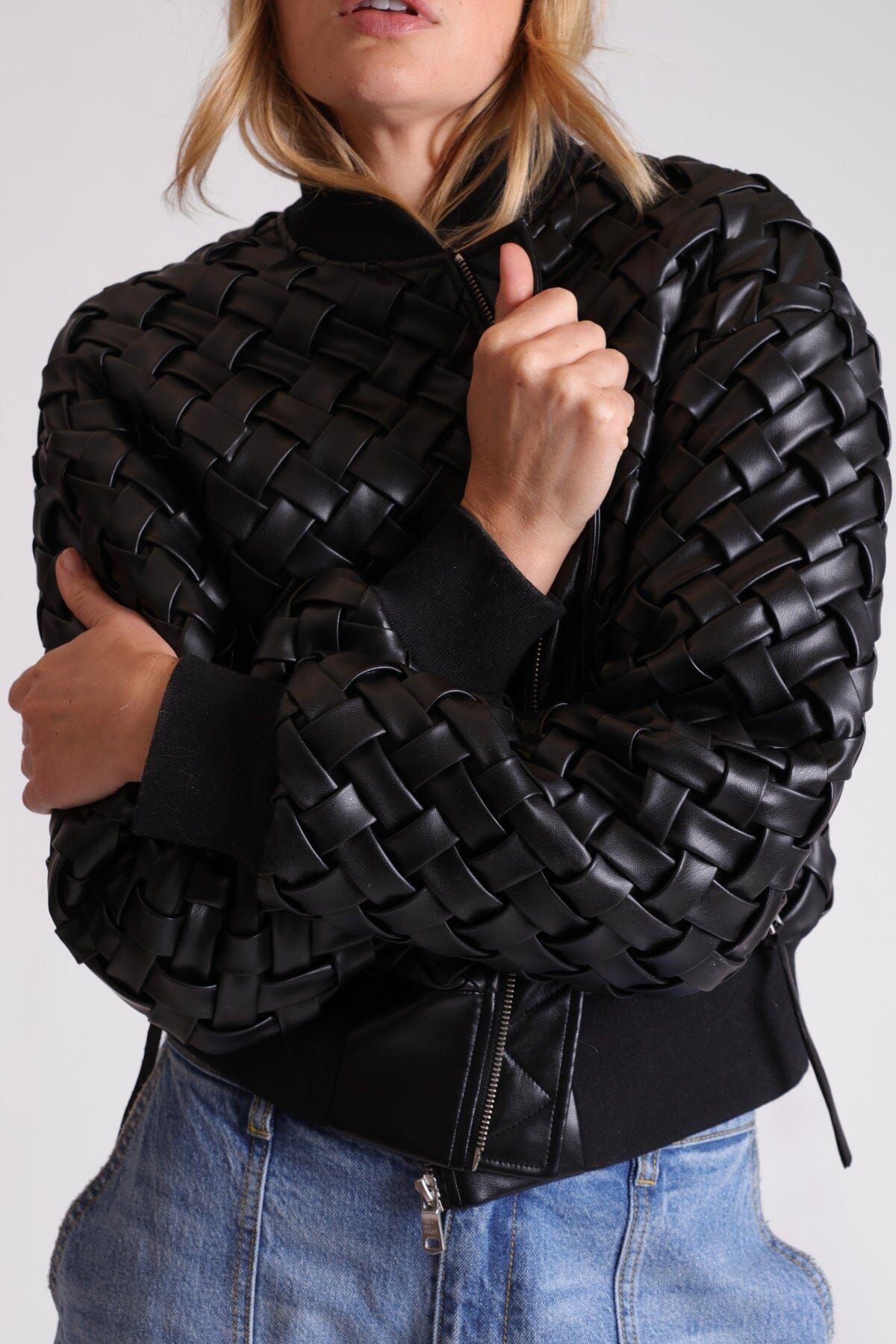 Black woven weaved soft faux leather bomber Jacket - Cute Bombers Coats & Jackets Avec Les Filles 