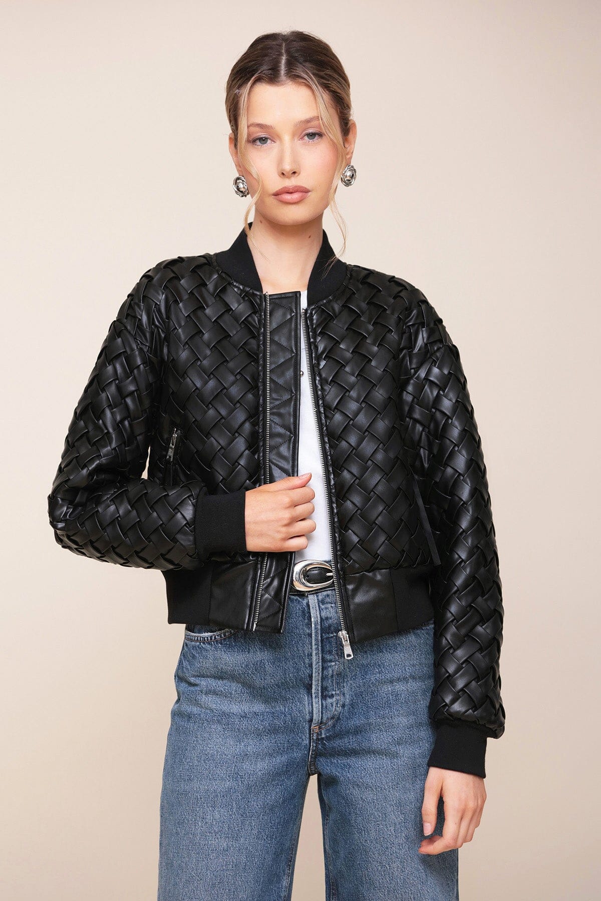 Black Woven Faux-Ever Leather Bomber Jacket - Women’s cute designer fashion jackets by Avec Les Filles