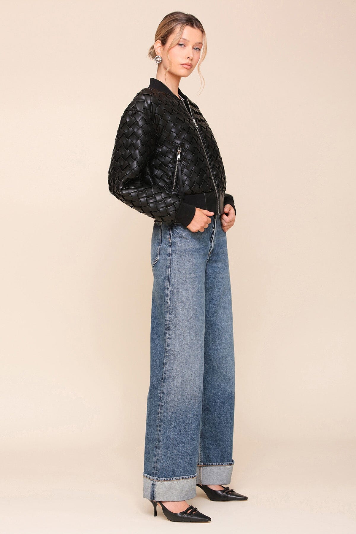 Black Woven Faux-Ever Leather Bomber Jacket - Women’s cute designer fashion jackets by Avec Les Filles