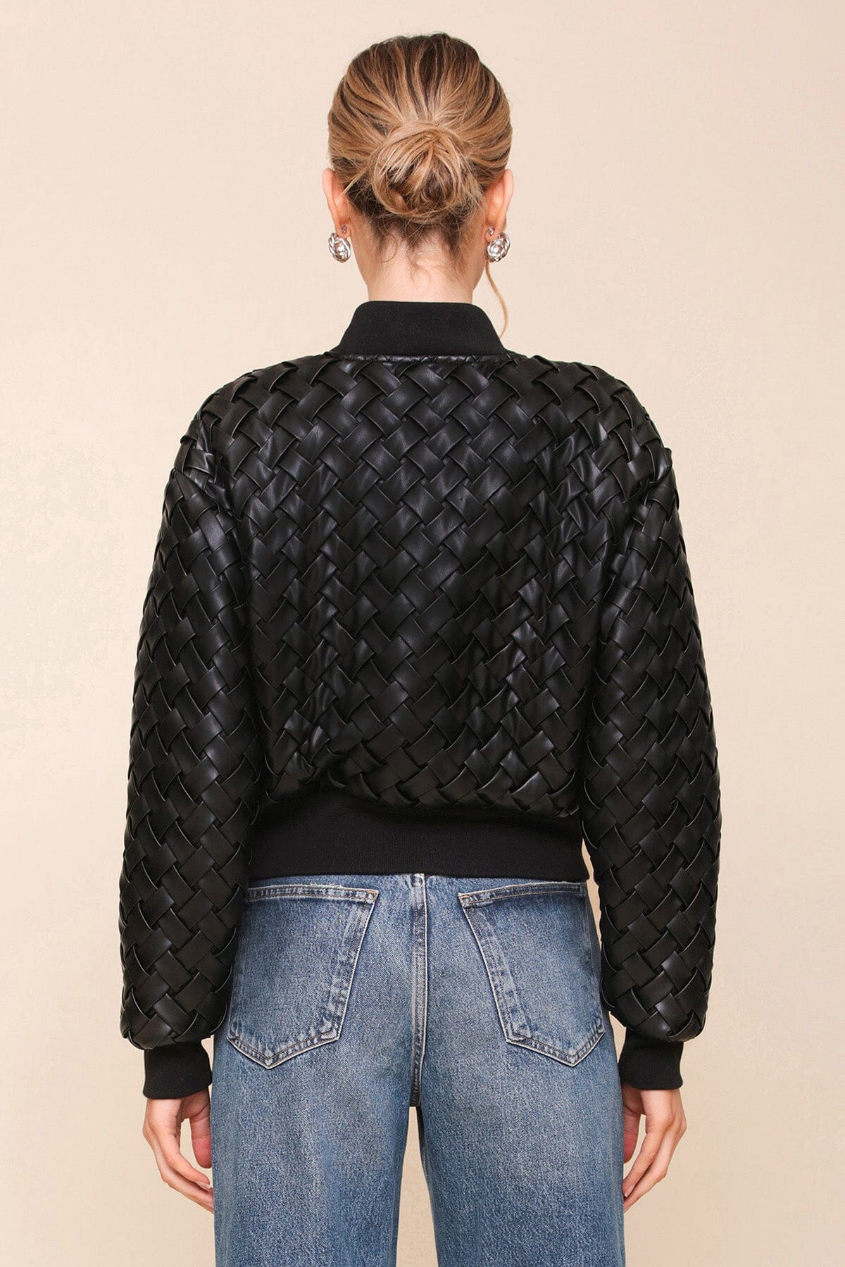 Black Woven Faux-Ever Leather Bomber Jacket - Women’s cute designer fashion jackets by Avec Les Filles