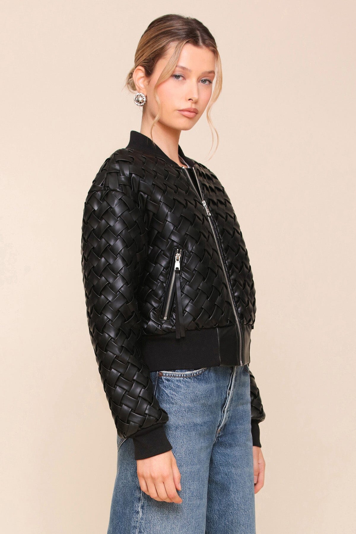 Black Woven Faux-Ever Leather Bomber Jacket - Women’s cute designer fashion jackets by Avec Les Filles