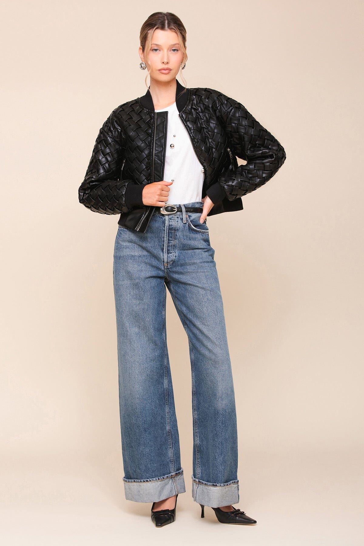 Black Woven Faux-Ever Leather Bomber Jacket - Women’s cute designer fashion jackets by Avec Les Filles