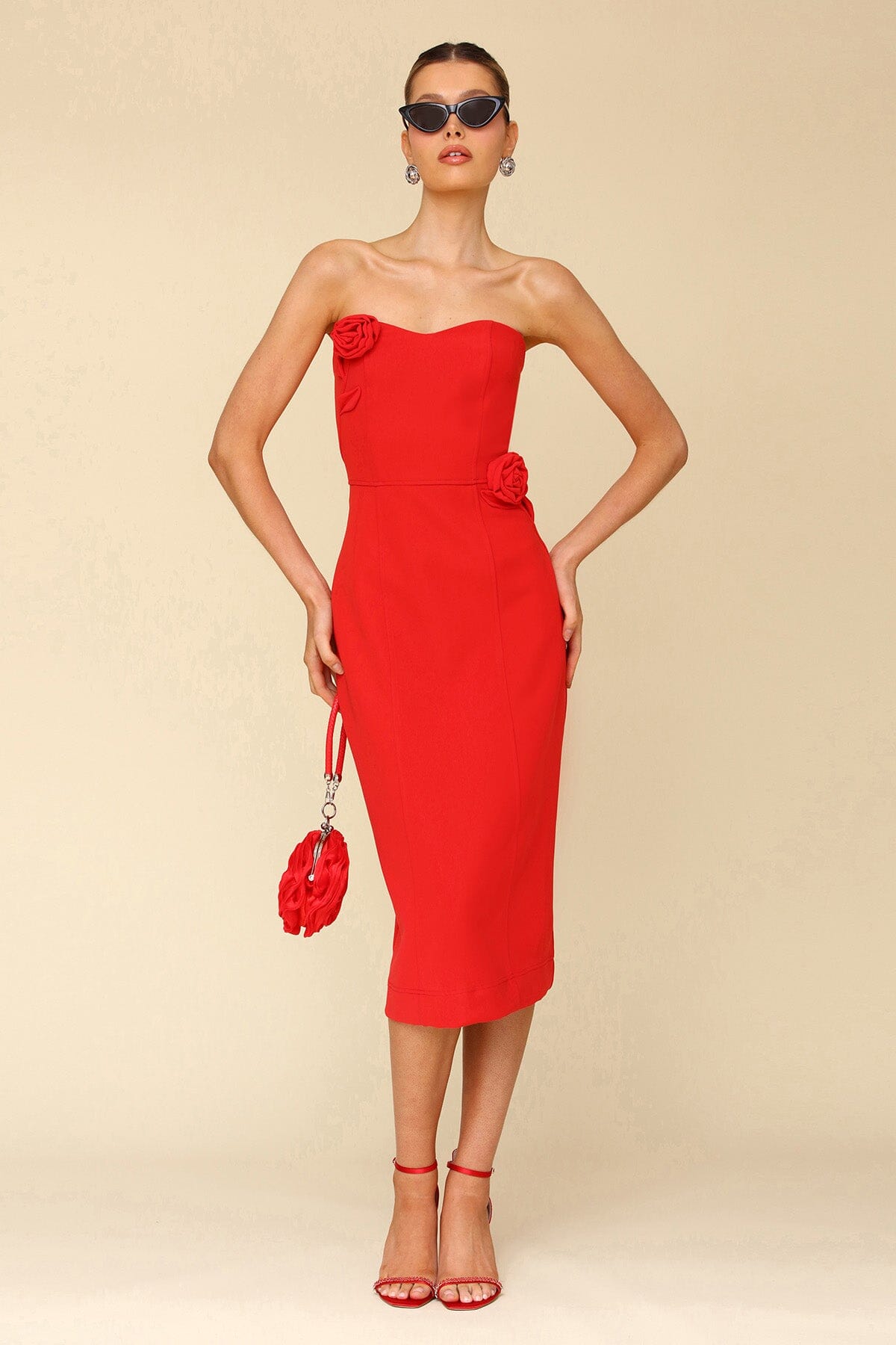 Red Rosette Embellished Sheath Midi Dress - cocktail holiday party dresses Avec Les Filles