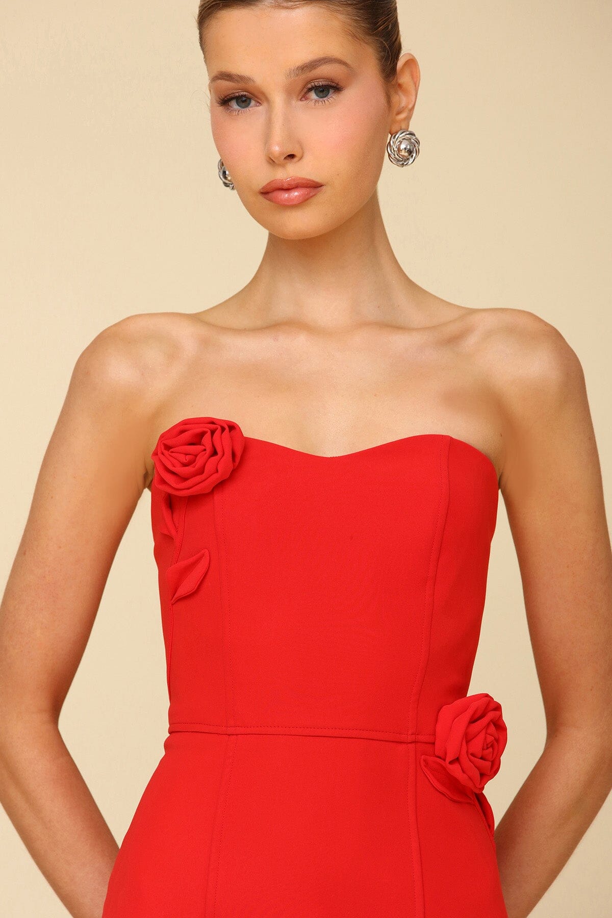 Red Rosette Embellished Sheath Midi Dress - cocktail holiday party dresses Avec Les Filles