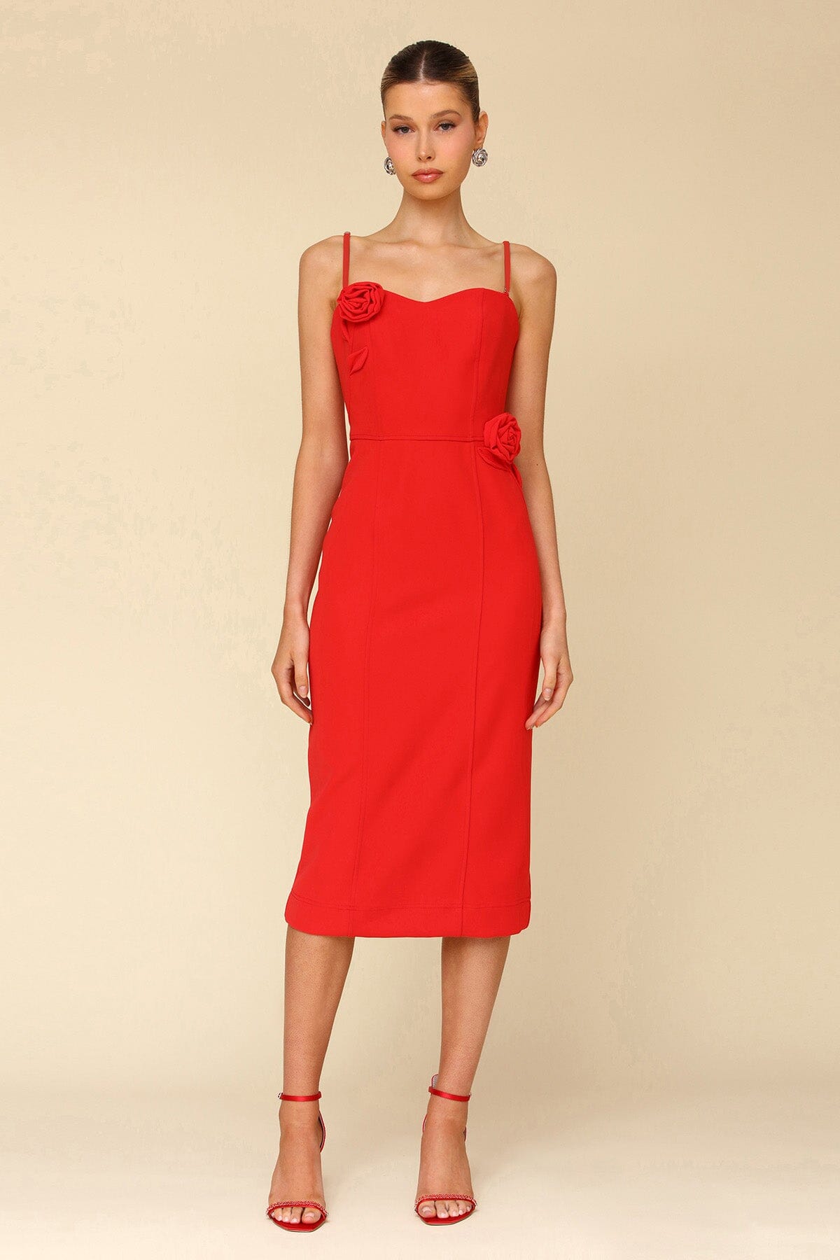 Red Rosette Embellished Sheath Midi Dress - cocktail holiday party dresses Avec Les Filles