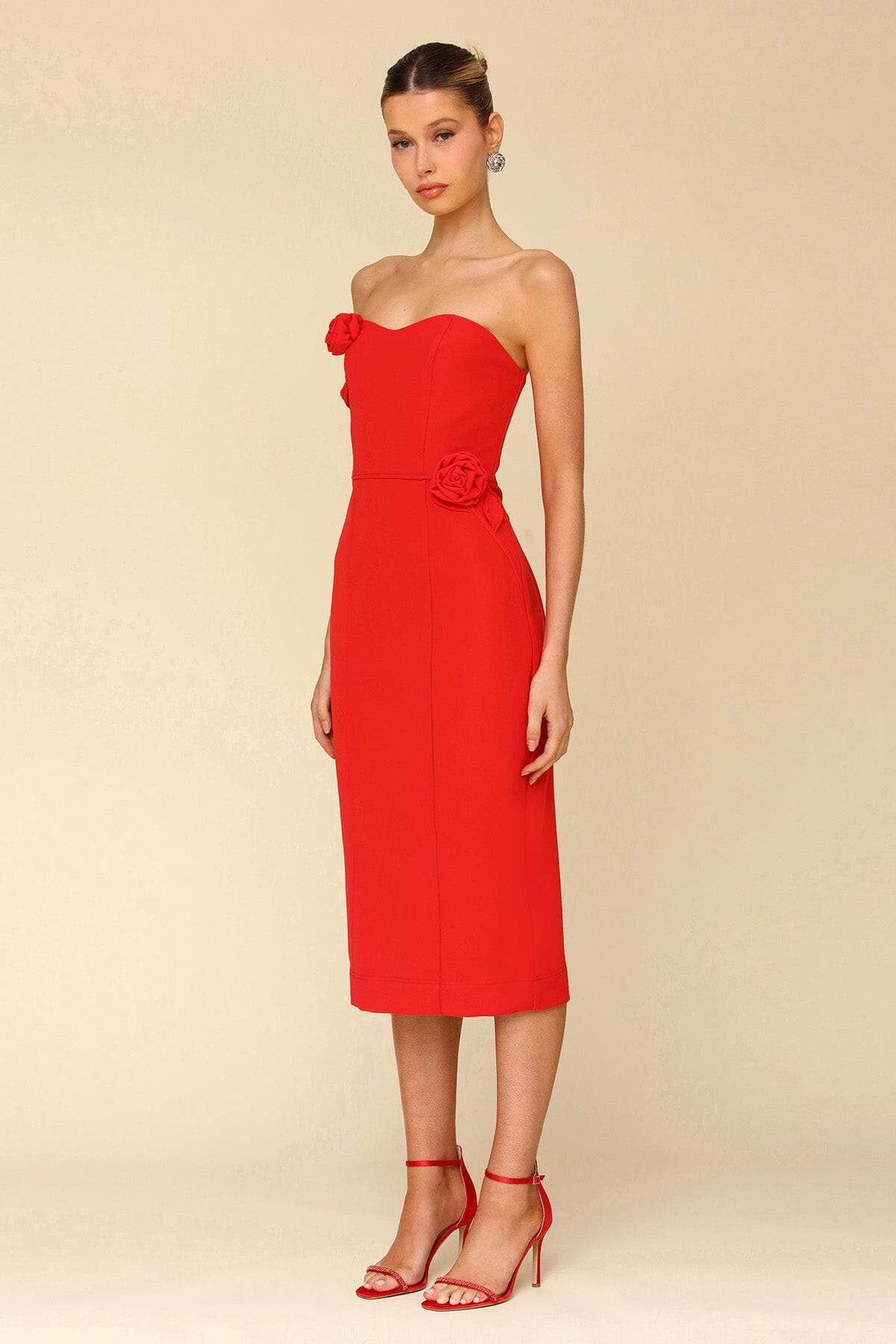 Red Rosette Embellished Sheath Midi Dress - cocktail holiday party dresses Avec Les Filles