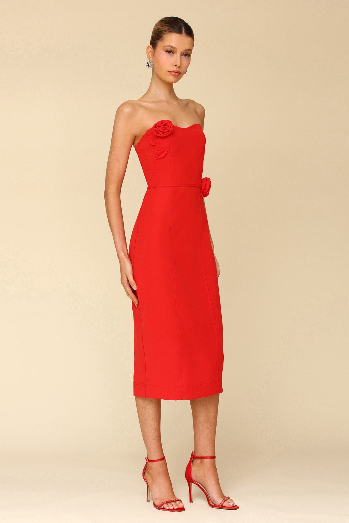 Red Rosette Embellished Sheath Midi Dress - cocktail holiday party dresses Avec Les Filles