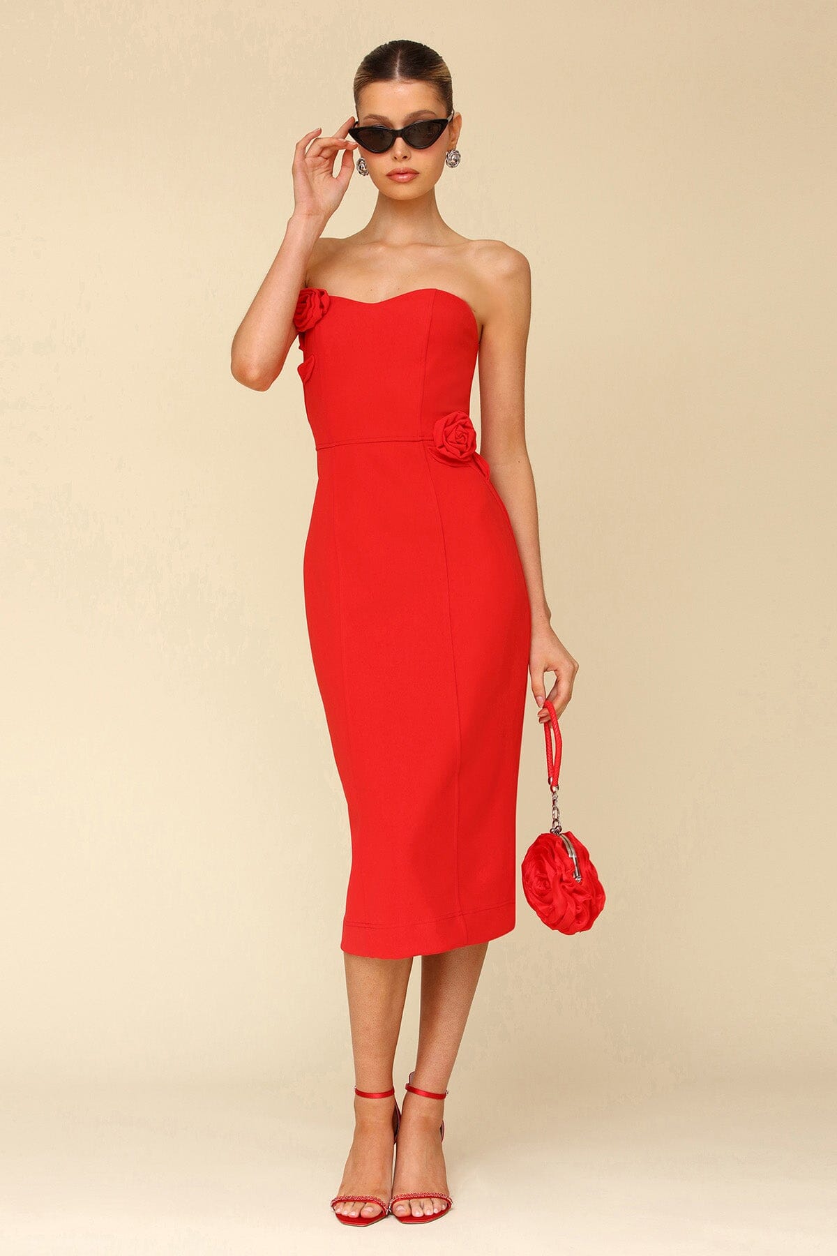 Red Rosette Embellished Sheath Midi Dress - cocktail holiday party dresses Avec Les Filles