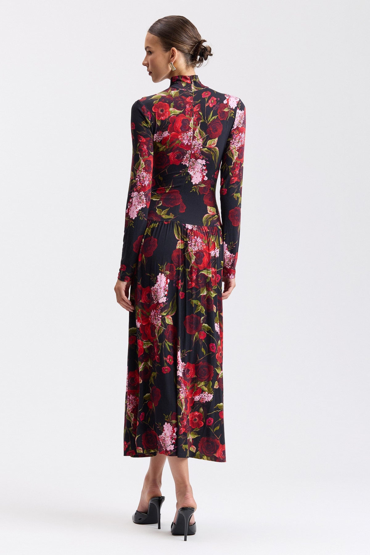 Black long sleeve floral dress with gathered skirt - Shop designer women's midi dresses by Avec Les Filles.