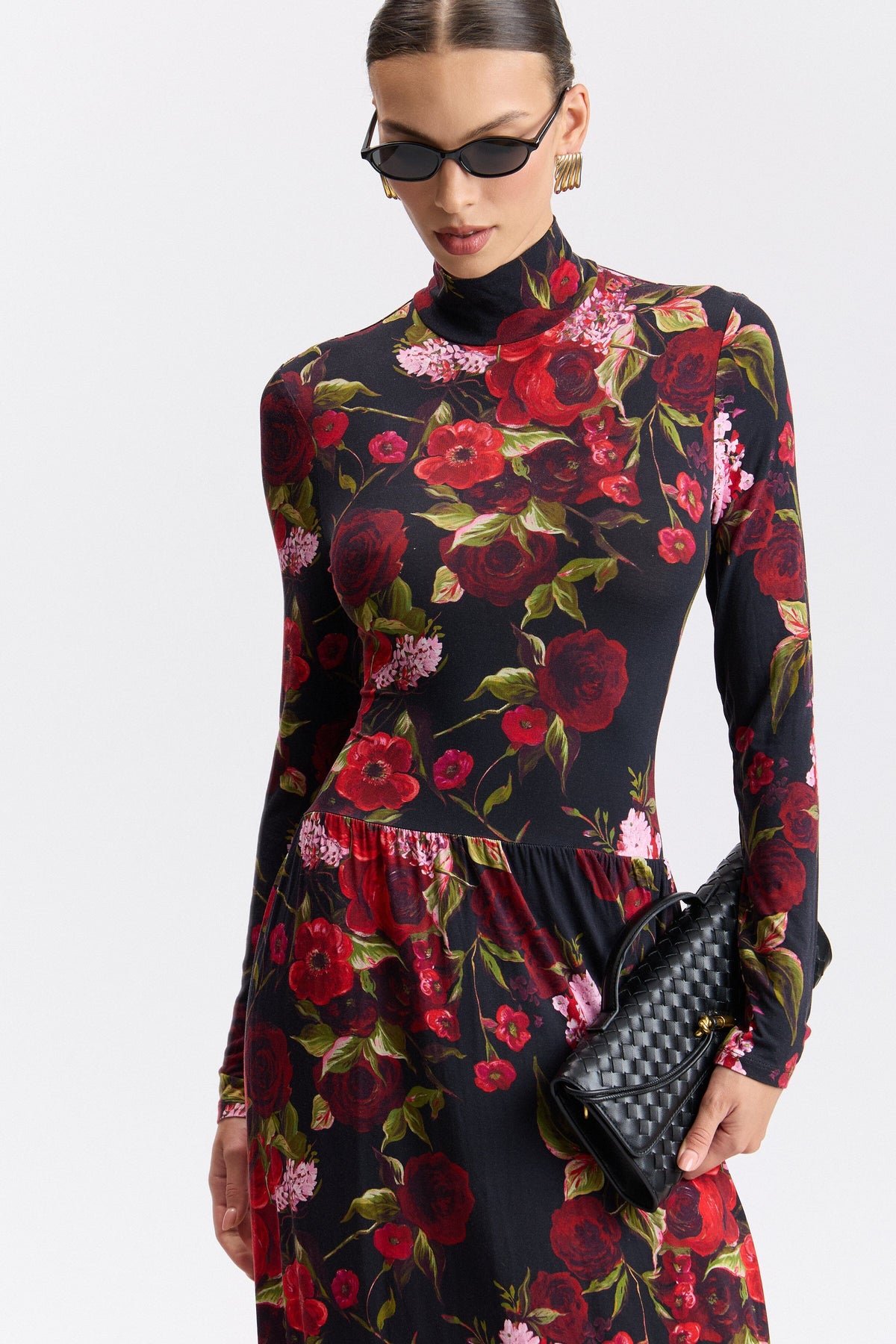 Black jersey rose floral dress midi with fitted mock neck and gathered skirt - Shop evening dresses by Avec Les Filles.
