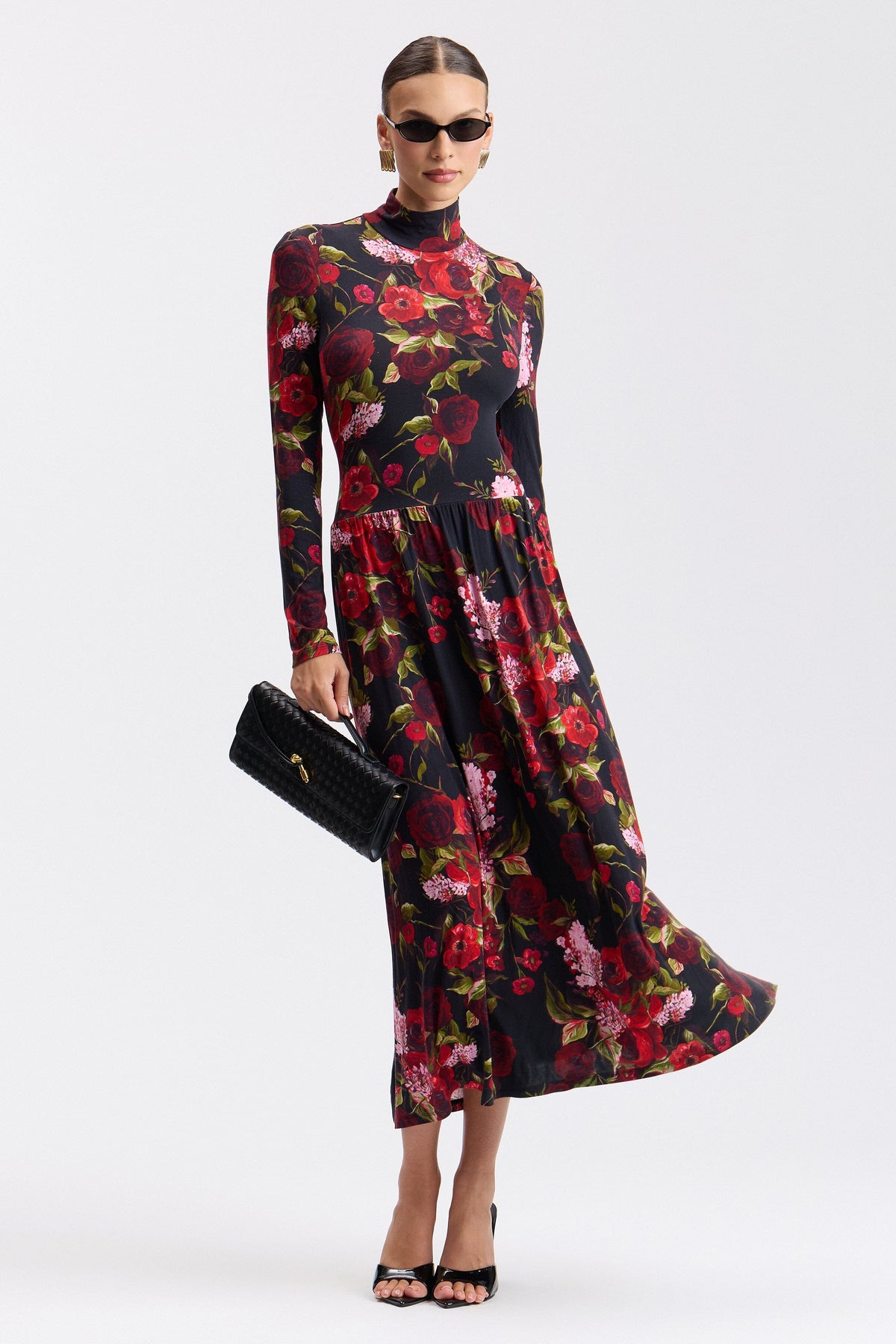 Black and red floral dress with fitted mock neck and gathered skirt - Shop evening dresses by Avec Les Filles.