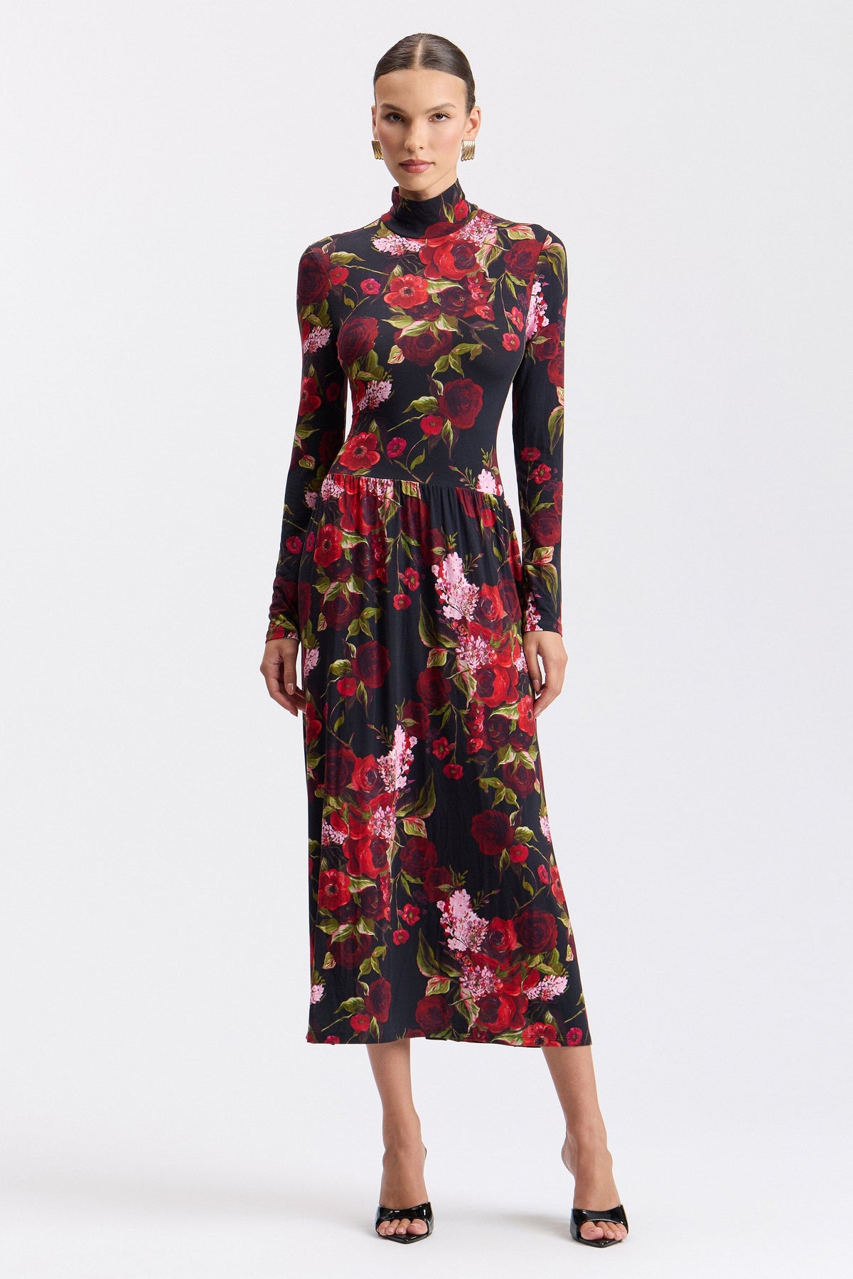 Black rose floral midi dress with fitted mock neck and gathered skirt - Shop evening dresses by Avec Les Filles.