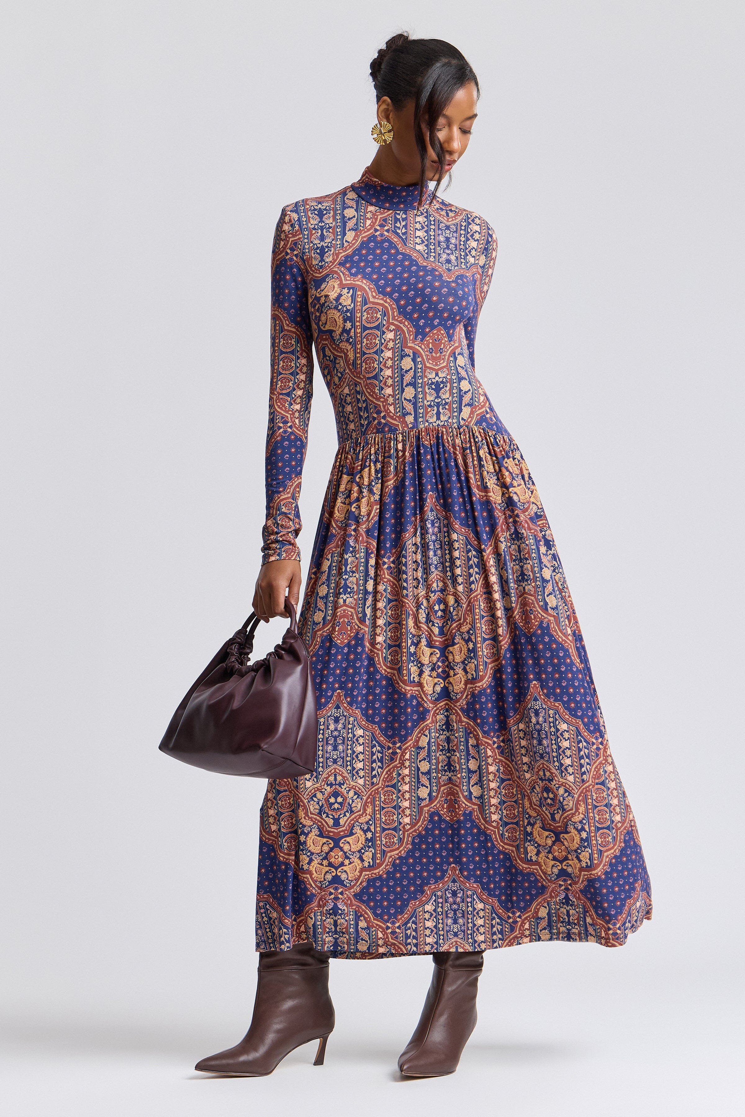 Drop-waist jersey multicolor maxi long sleeve dress with turtleneck neck - Shop women's maxi dresses by Avec Les Filles.