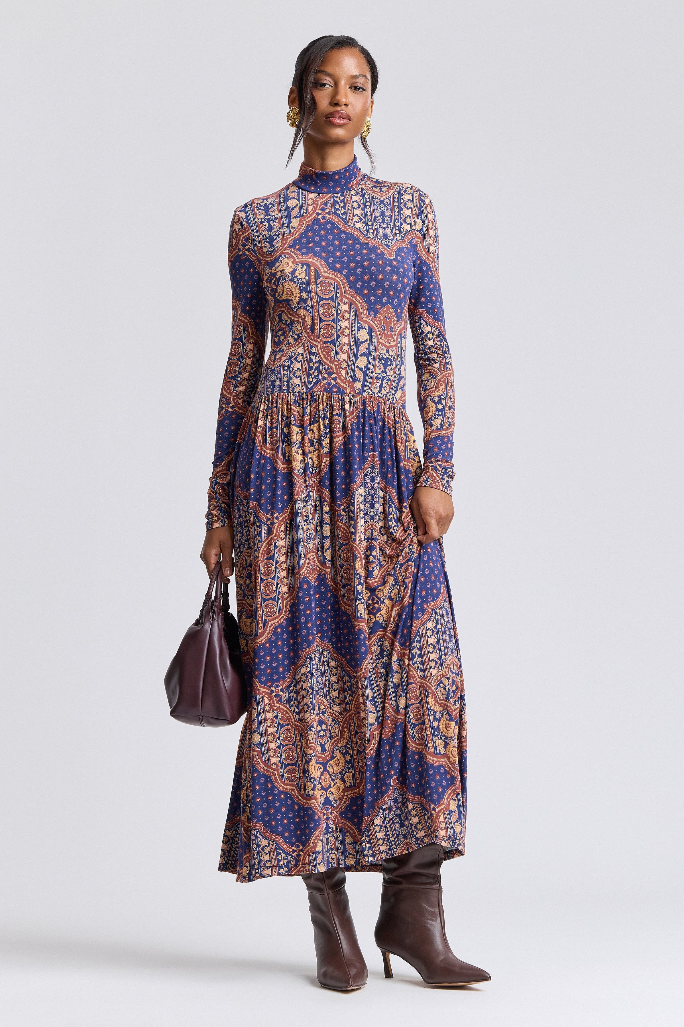 Drop-waist jersey maxi dress with turtleneck neckline and long fitted sleeves - Shop maxi dresses by Avec Les Filles.