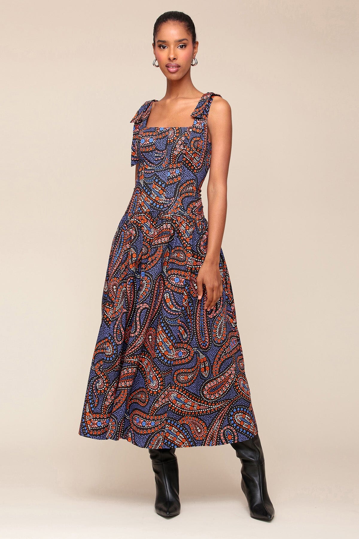 Autumn Fall Paisley Cotton Drop Waist Maxi Dress