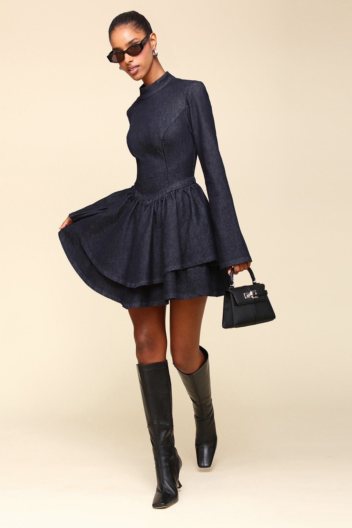 Denim Fit & Flare Long Sleeve Indigo Blue Mini Dress - Cute designer dresses by Avec Les Filles