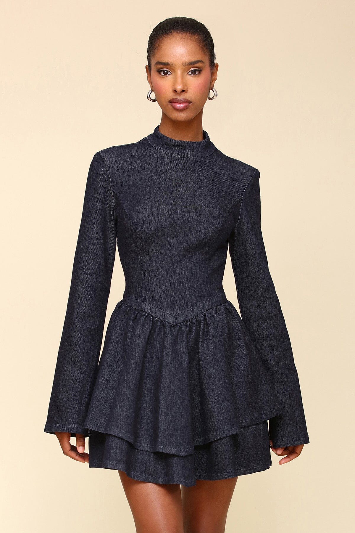 Denim Fit & Flare Long Sleeve Indigo Blue Mini Dress - Cute designer dresses by Avec Les Filles