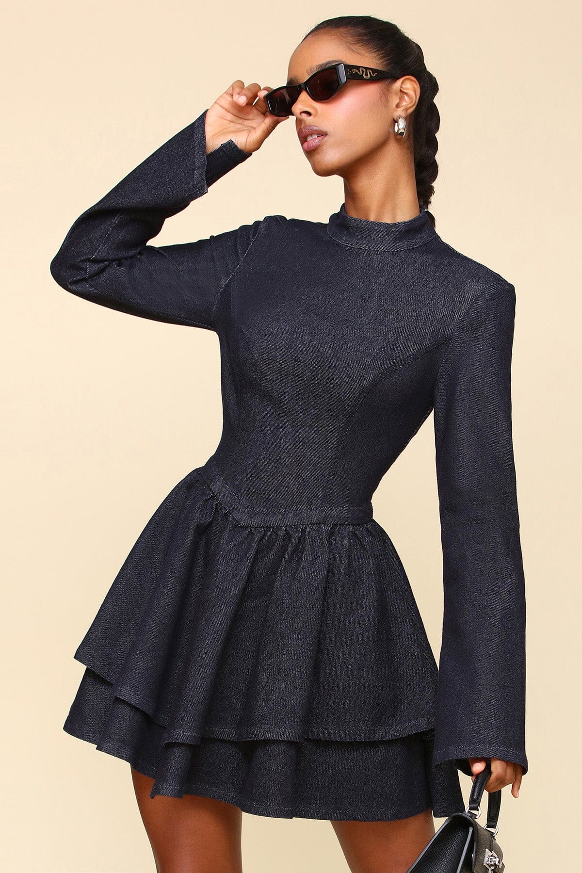 Denim Fit & Flare Long Sleeve Indigo Blue Mini Dress - Cute designer dresses by Avec Les Filles