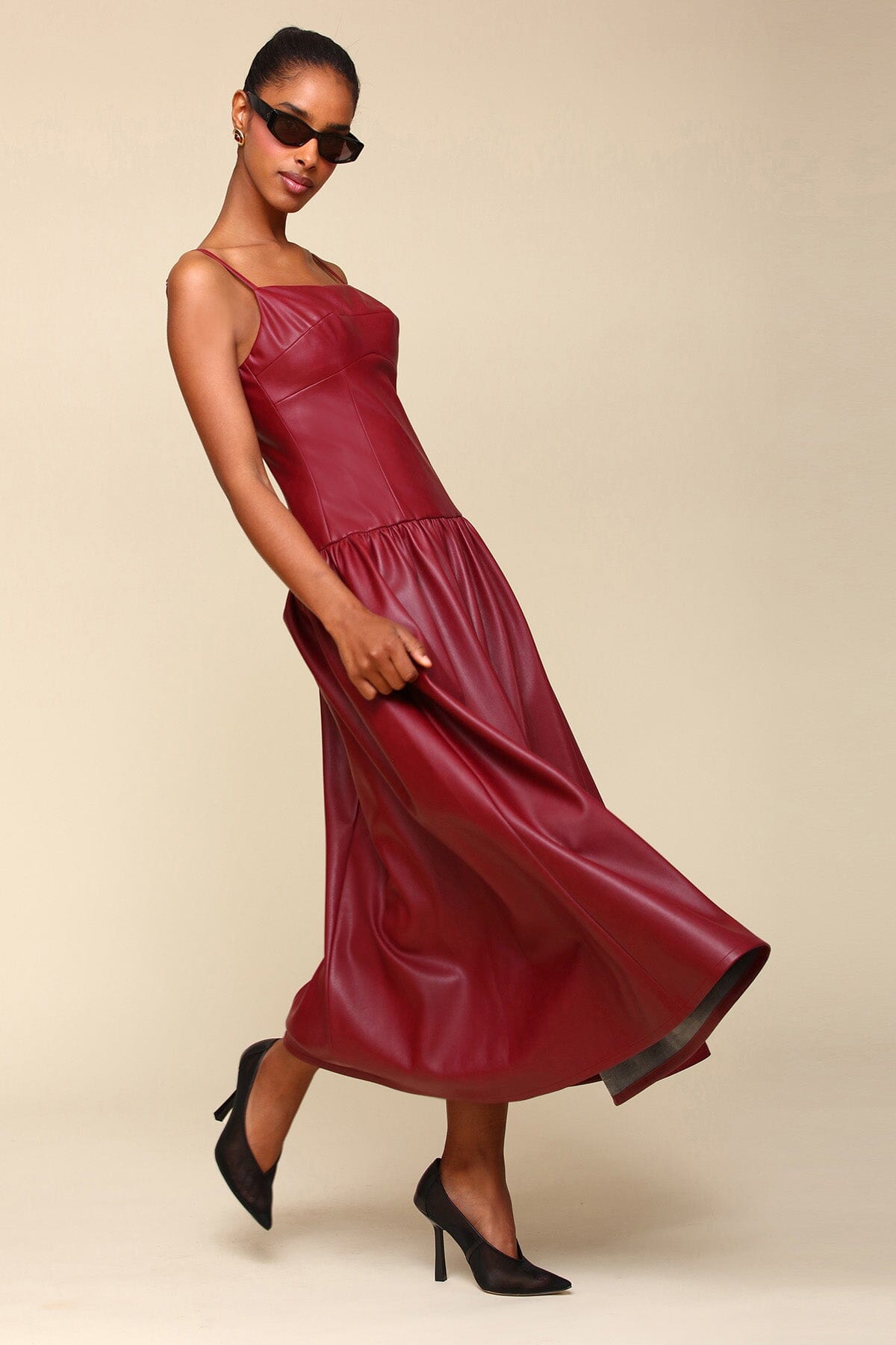 Burgundy Red Faux Leather Drop Waist Maxi Dress - Cute designer faux vegan leather dresses by Avec Les Filles