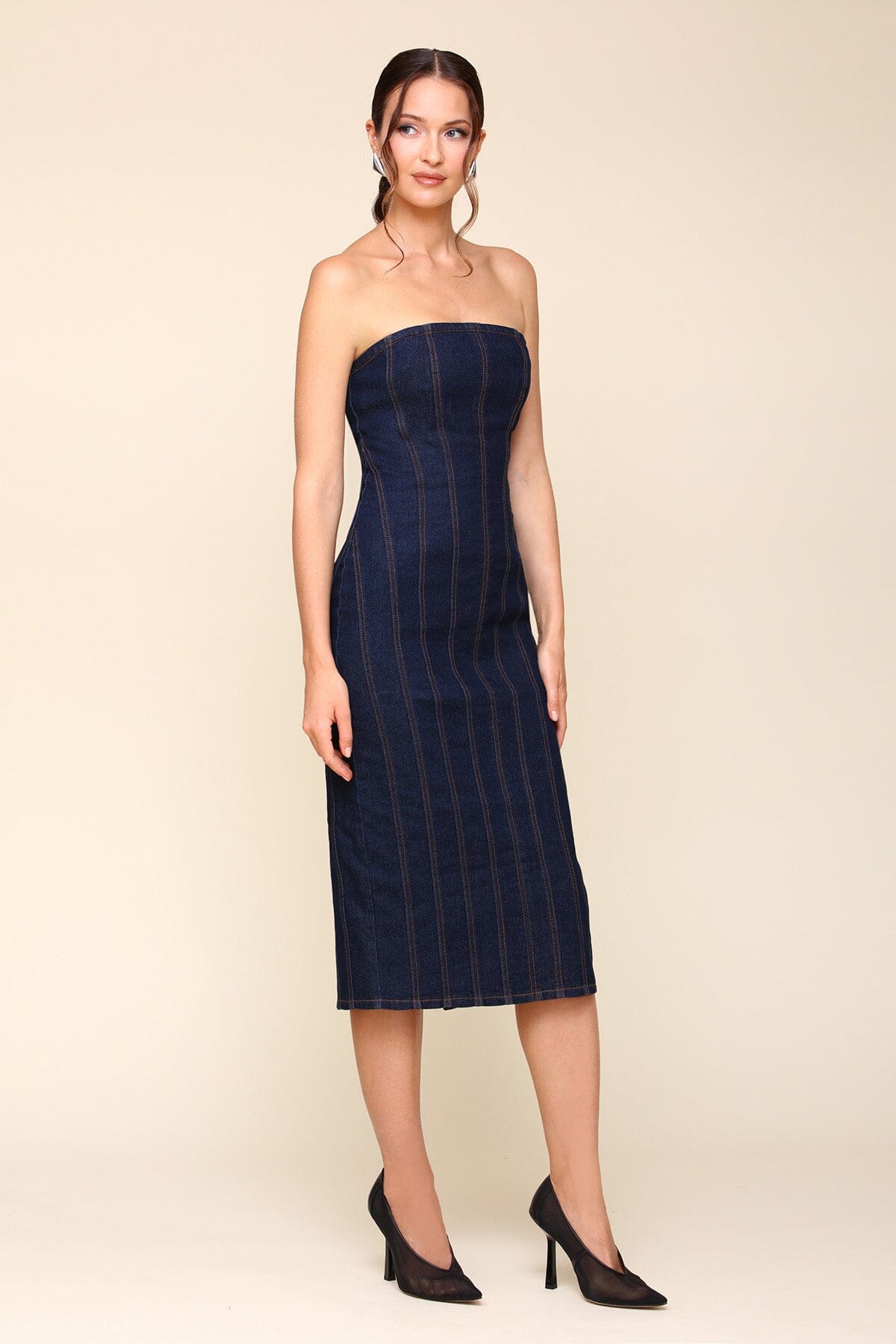 Seamed Removable Straps Indigo Blue Denim Midi Dress - Cute designer dresses by Avec Les Filles