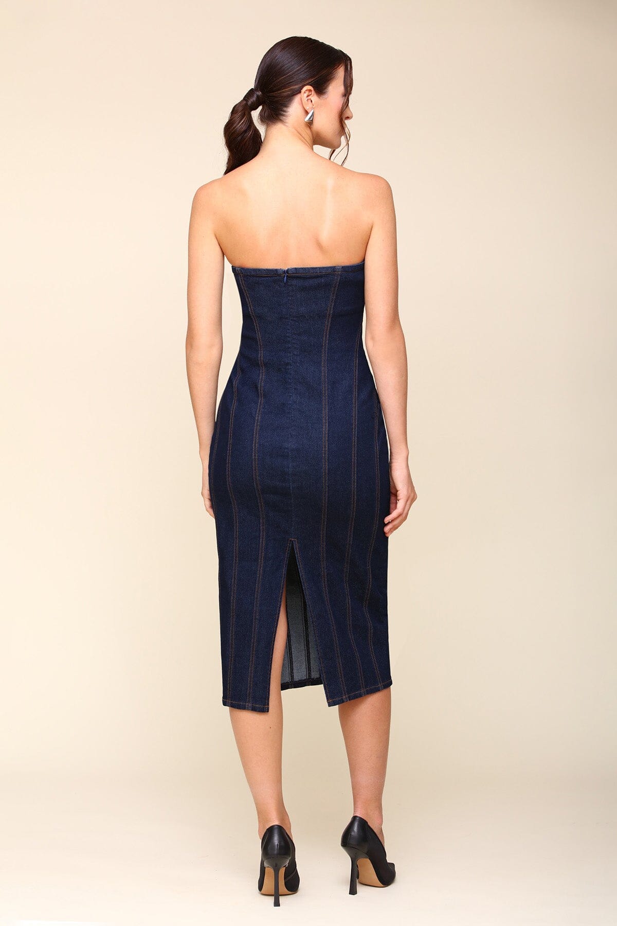 Seamed Removable Straps Indigo Blue Denim Midi Dress - Cute designer dresses by Avec Les Filles