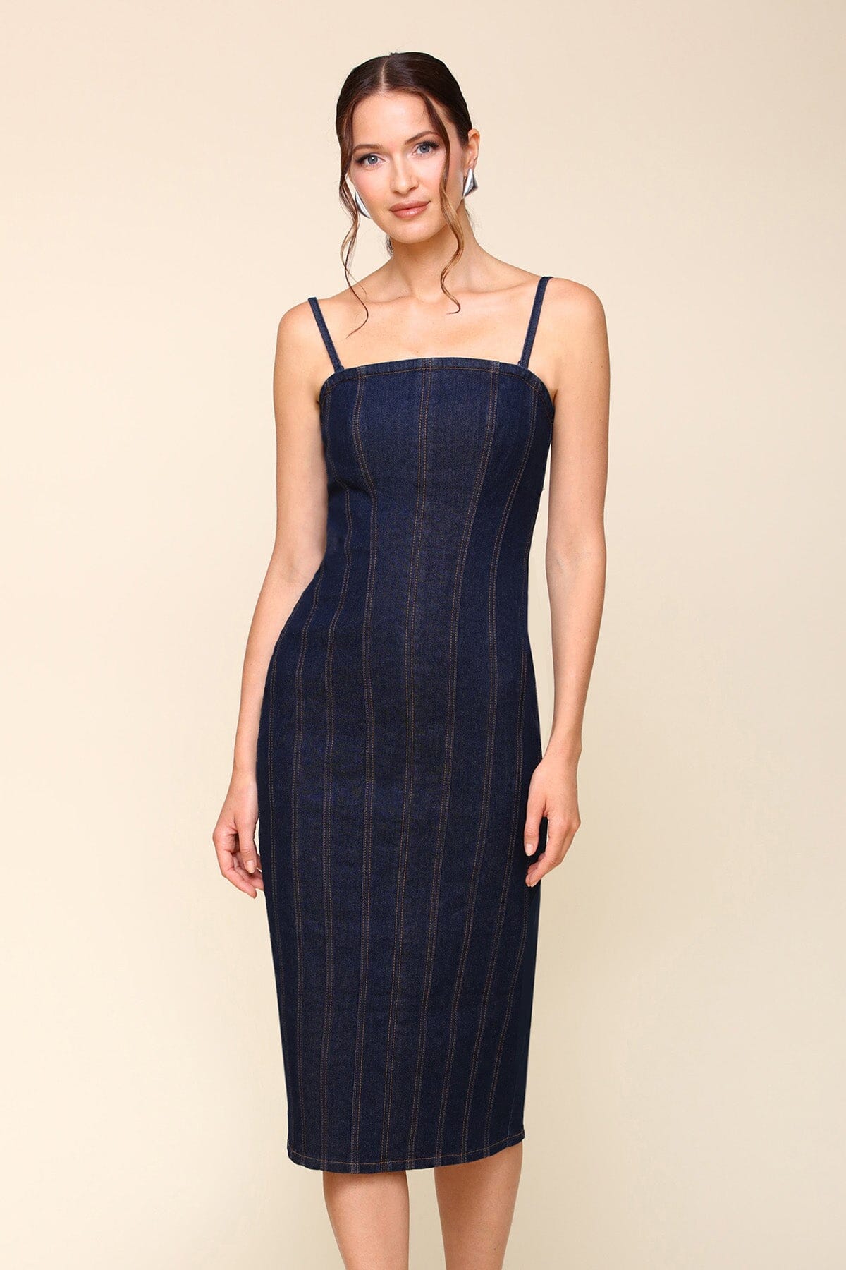 Seamed Removable Straps Indigo Blue Denim Midi Dress - Cute designer dresses by Avec Les Filles