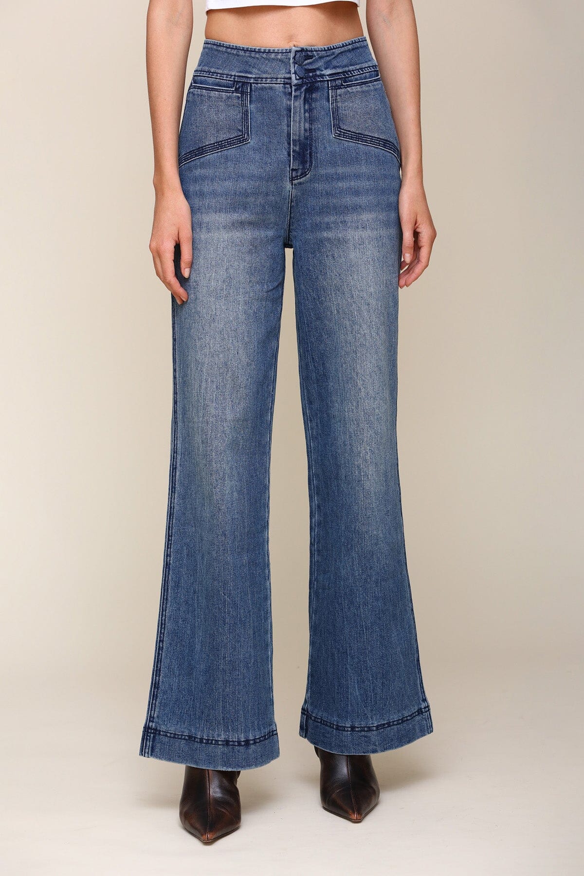 High Rise Wide Leg Midwash Blue Jeans - Cute designer trouser pants by Avec Les Filles x Bagatelle