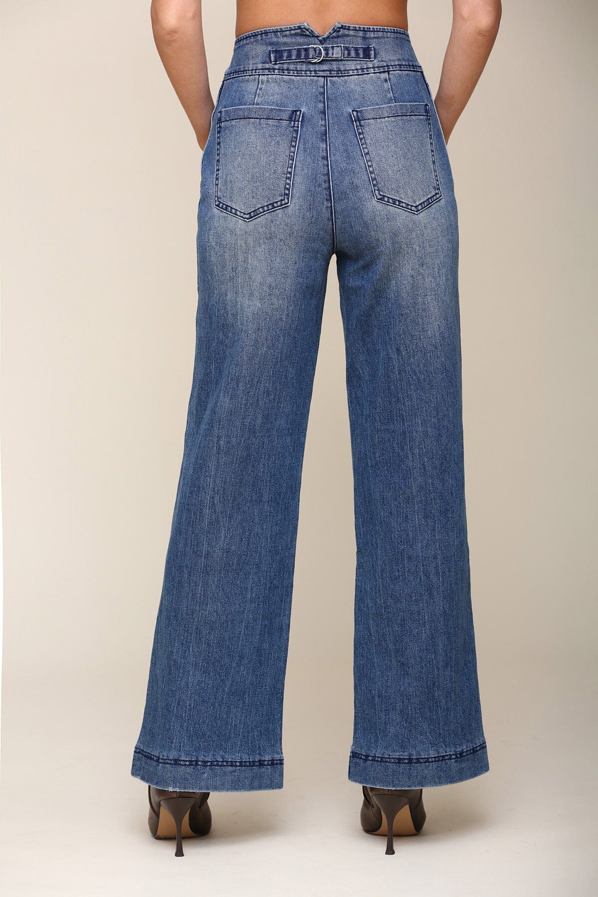 High Rise Wide Leg Midwash Blue Jeans - Cute designer trouser pants by Avec Les Filles x Bagatelle