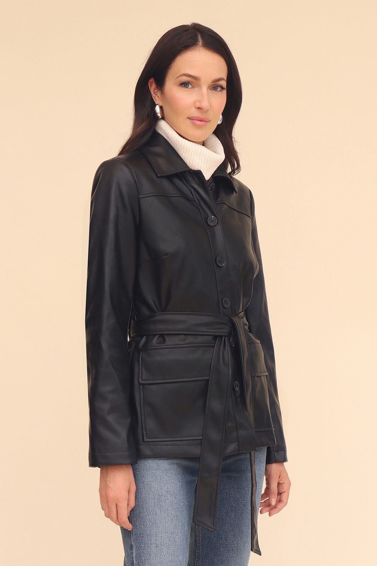 Leather belted jacket best sale