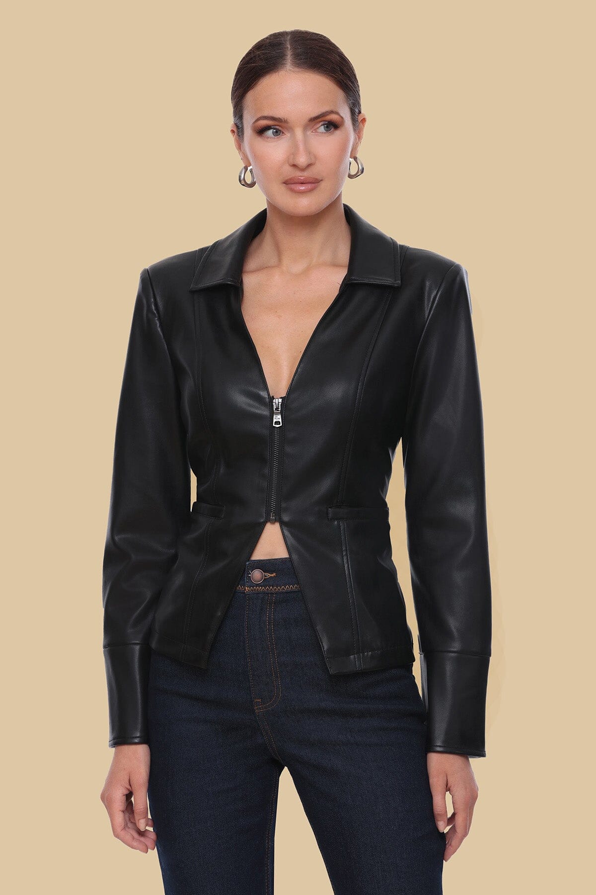 Faux-Ever Leather V-neck Cutaway Zip-Front Black Shirt - Cute designer shirts & Tops by Avec Les Filles