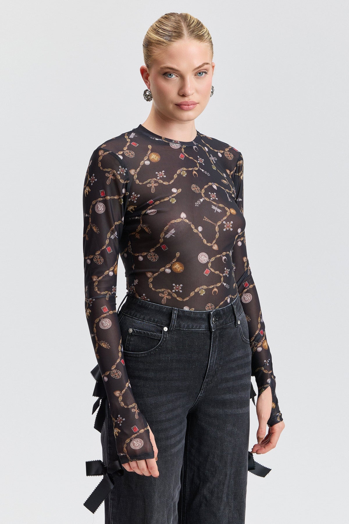 Black mesh long sleeve top with a round neckline - Shop designer women's cute black tops by Avec Les Filles.