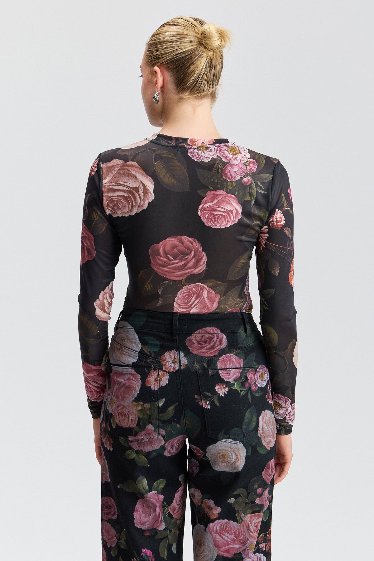 Printed black mesh mesh long sleeve top - Shop designer women's cute floral mesh tops by Avec Les Filles.