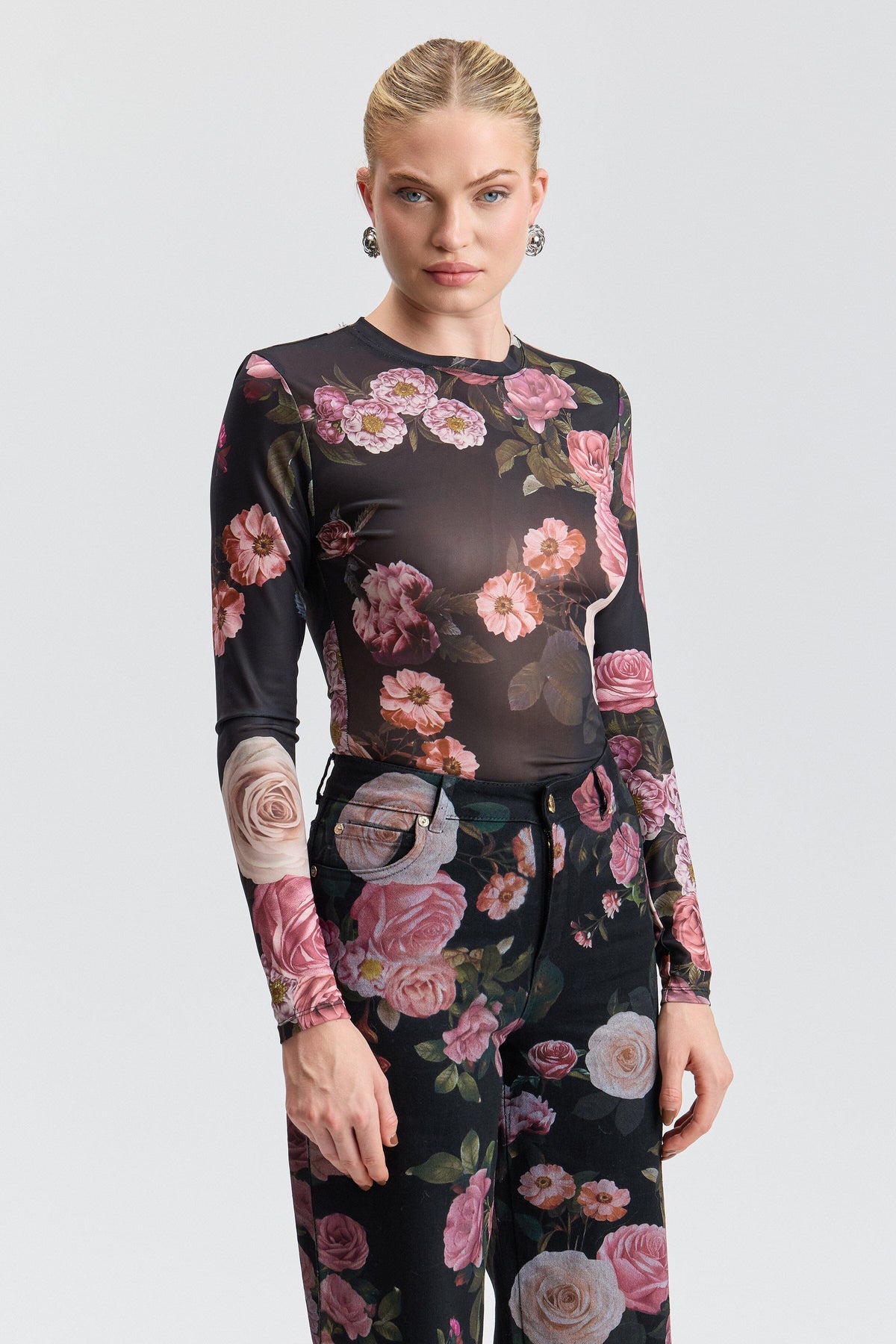 Printed black mesh flower top with a round neckline - Shop designer women's cute floral mesh tops by Avec Les Filles.